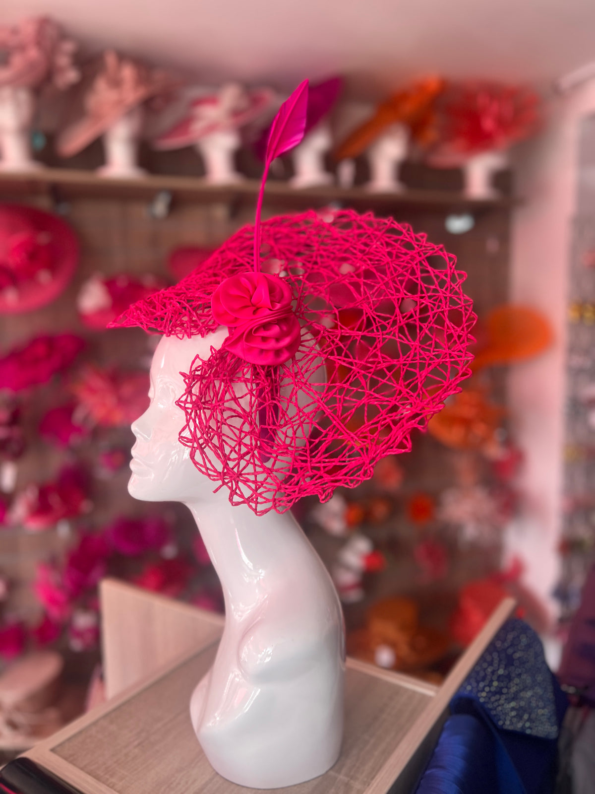 Fuchsia Pink Lattice Saucer Fascinator With Satin Flower &amp; Feather Quill