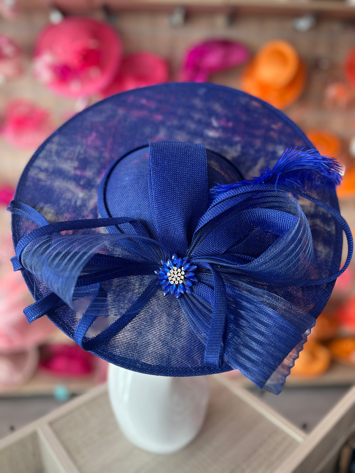 Royal Blue Saucer Hatinator With Feather &amp; Loops