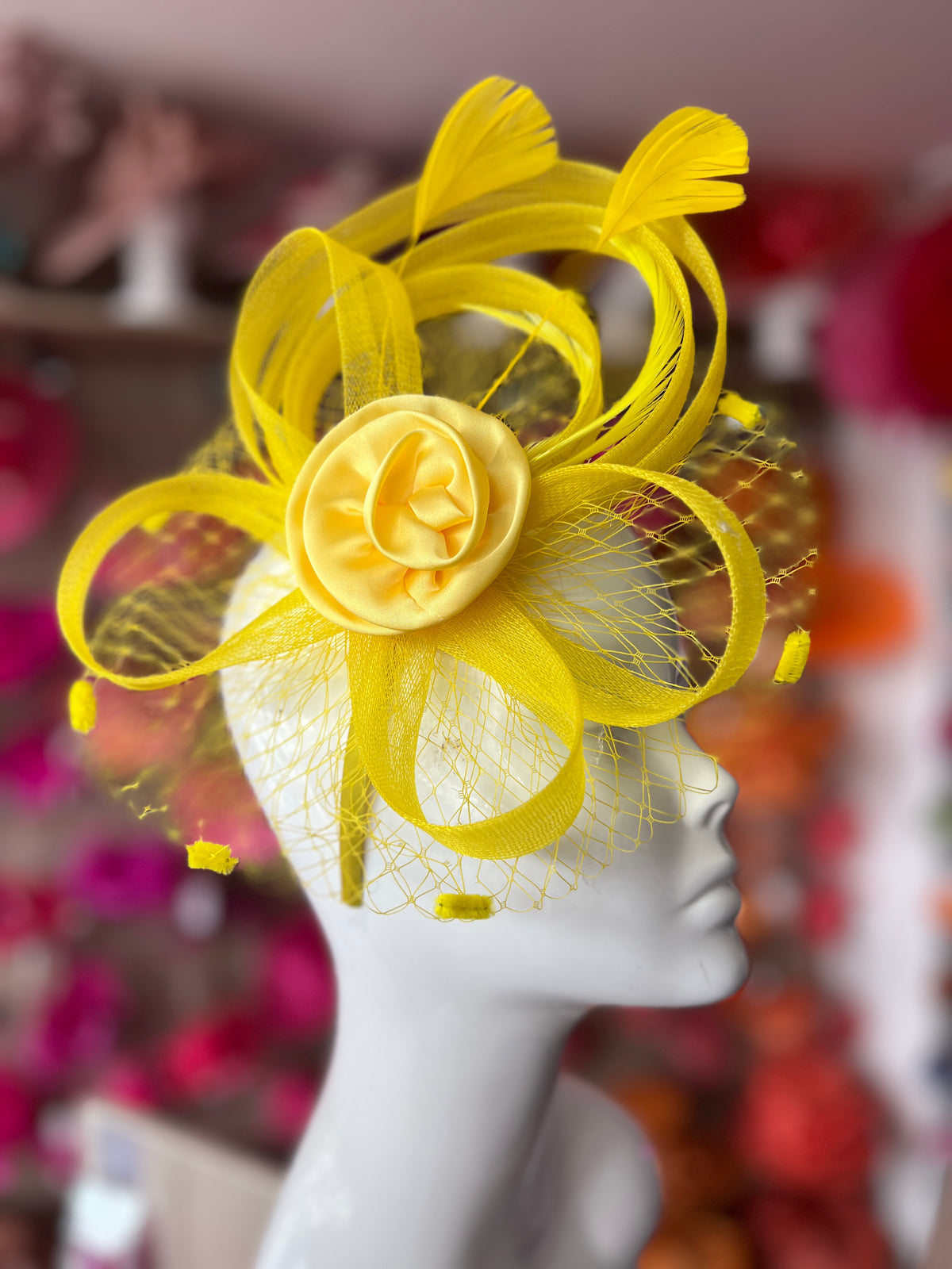 Yellow Flower Fascinator With Netting &amp; Feathers
