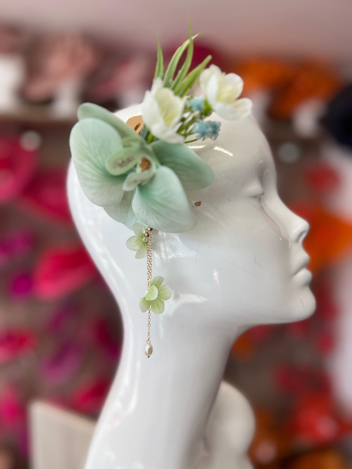 Mint Blue Orchid Hair Clip With Foliage &amp; Chains
