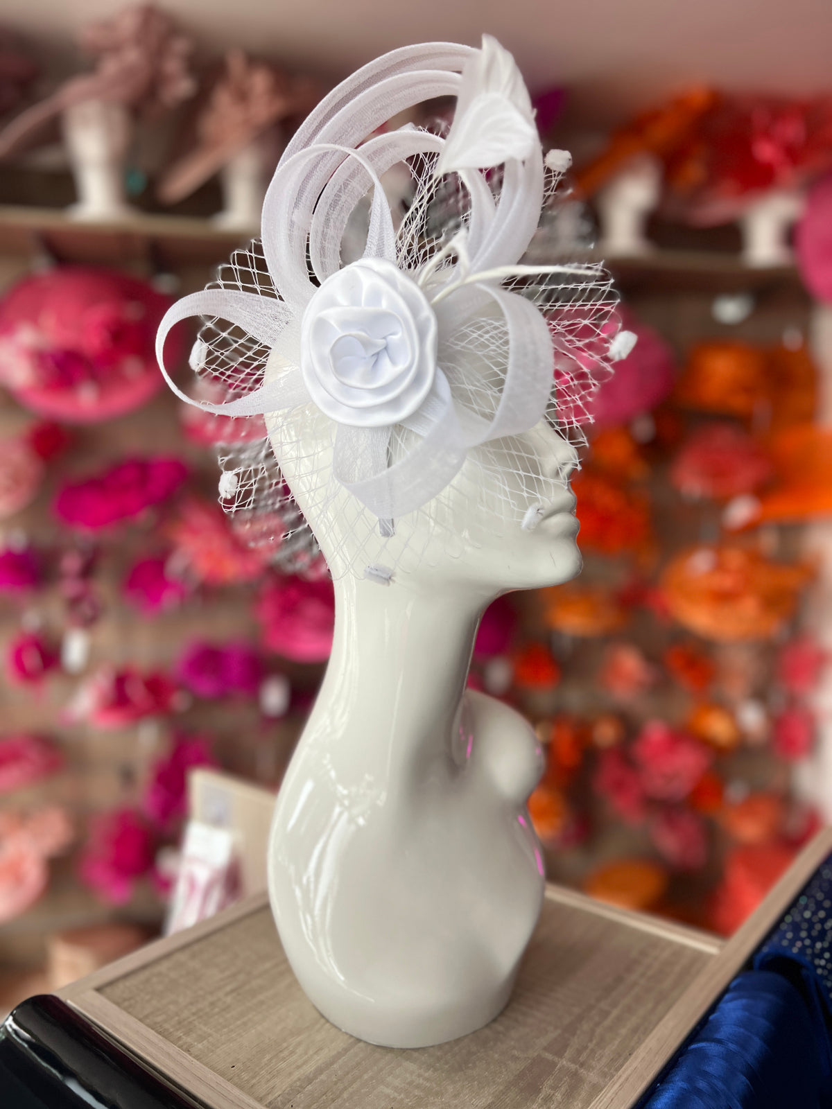White Flower Fascinator With Netting &amp; Feathers