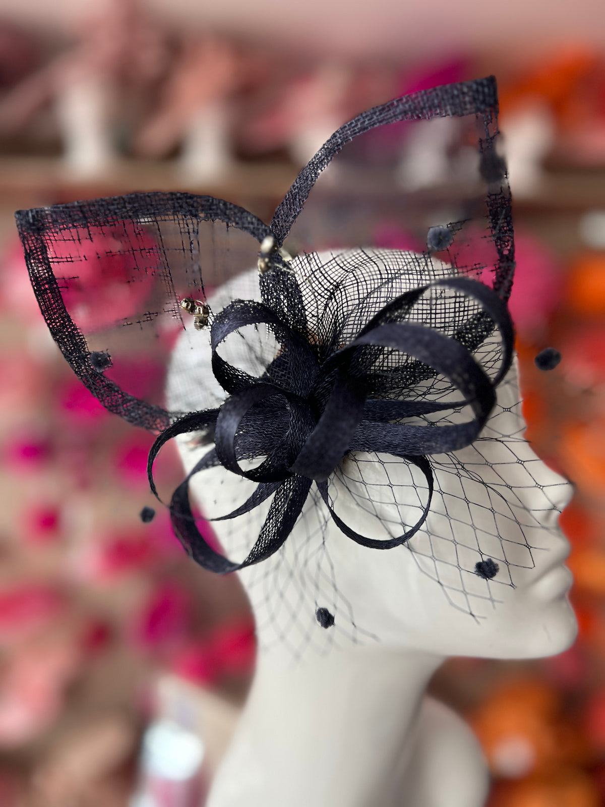 Navy Hair Fascinator With Netting &amp; Diamantes