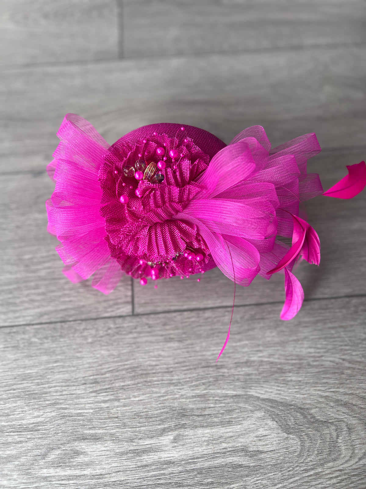 Pillbox Hat With Loops and  Embellished Flowers-Fuchsia