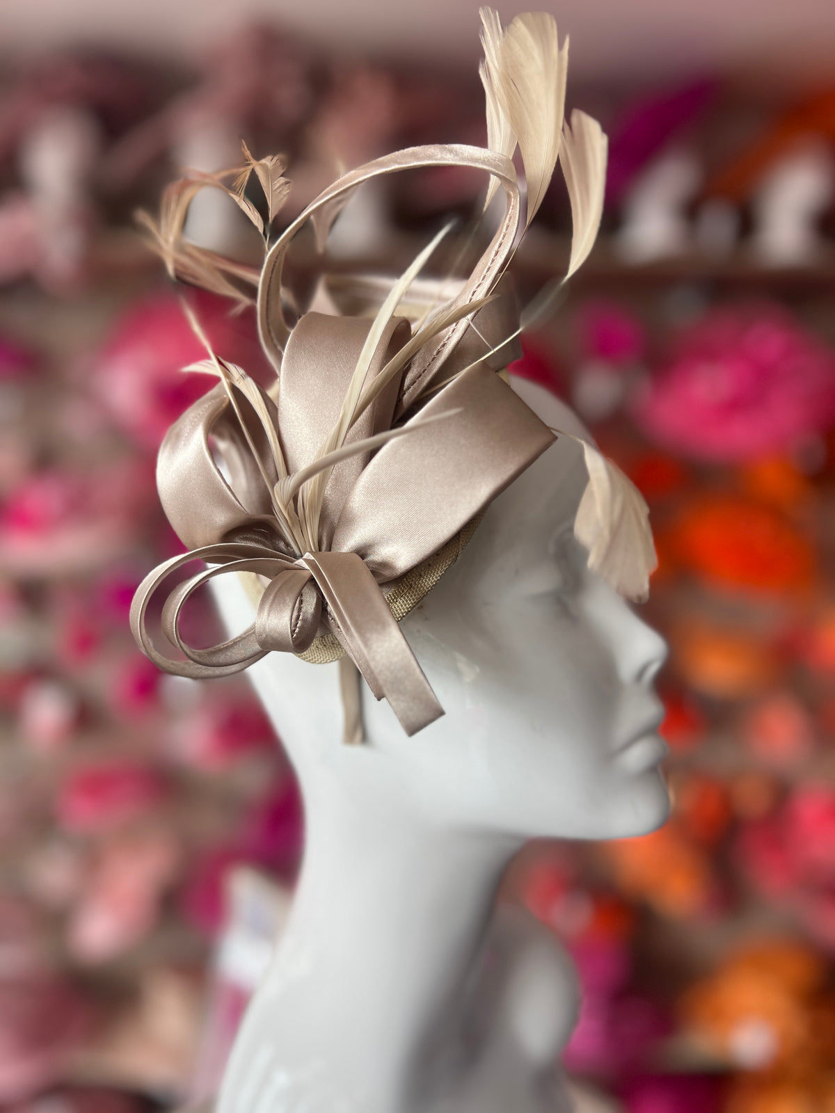 Taupe Fascinator Headband With Looped Satin &amp; Feathers