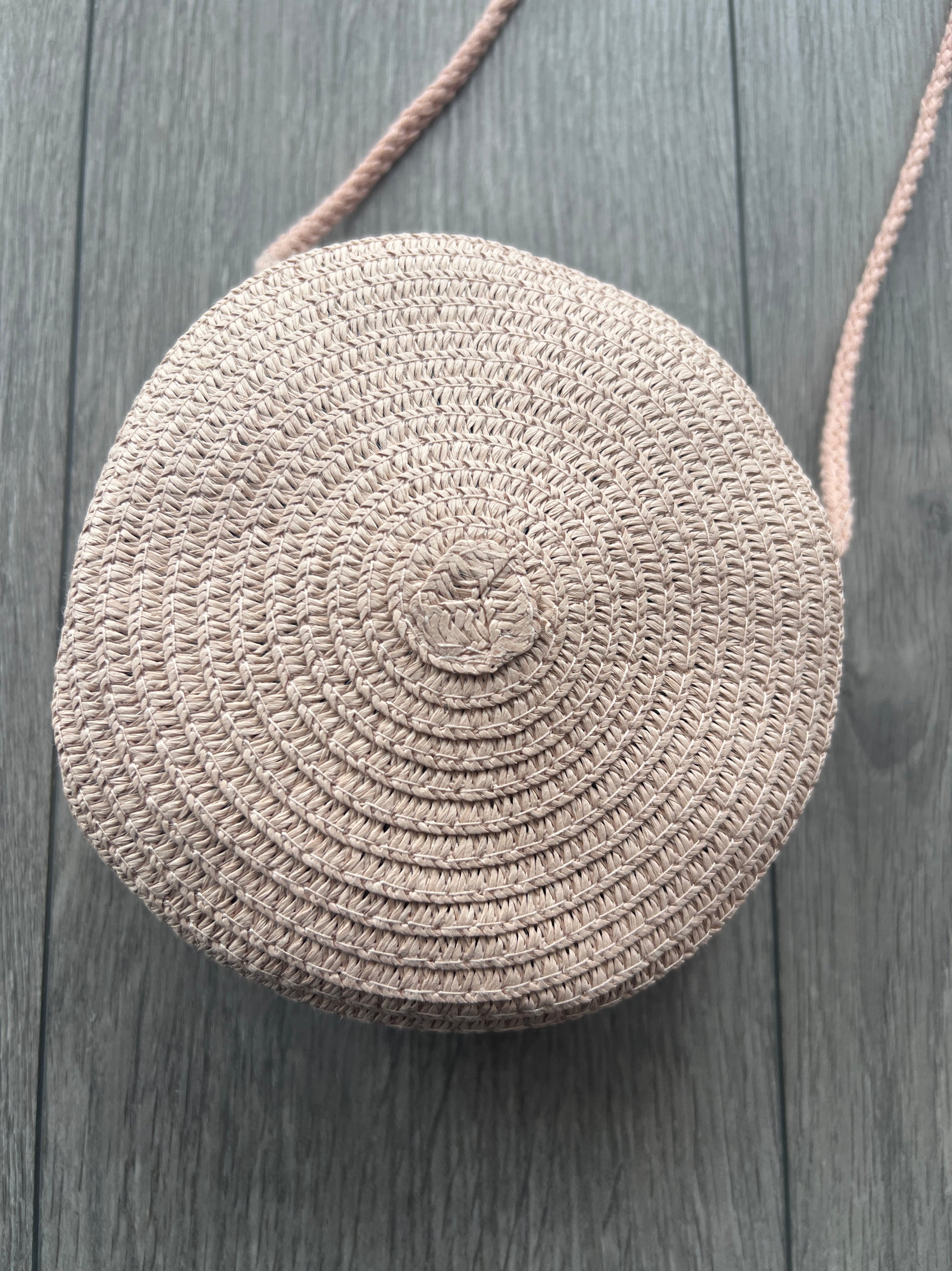 Pale Pink Round Straw Shoulder Bag