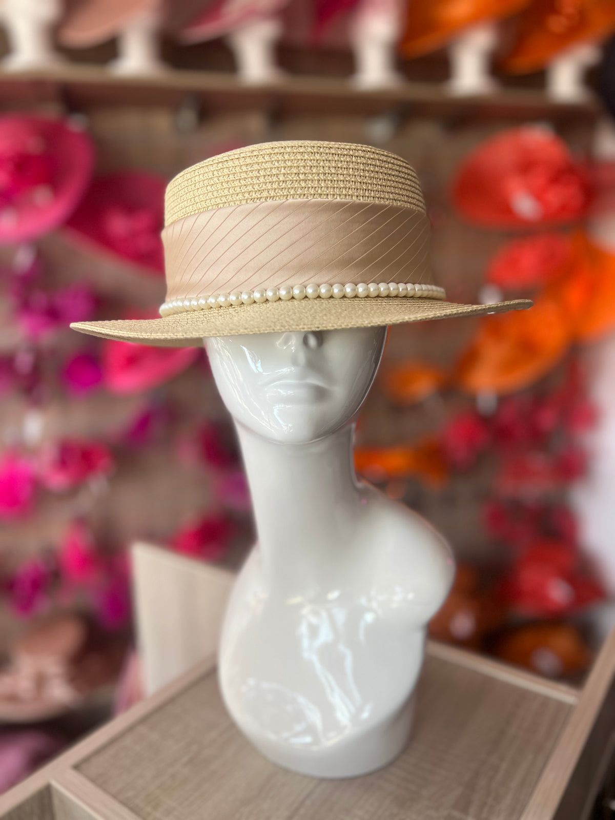 Beige Straw Hat With Pearl &amp; Ribbon Detail
