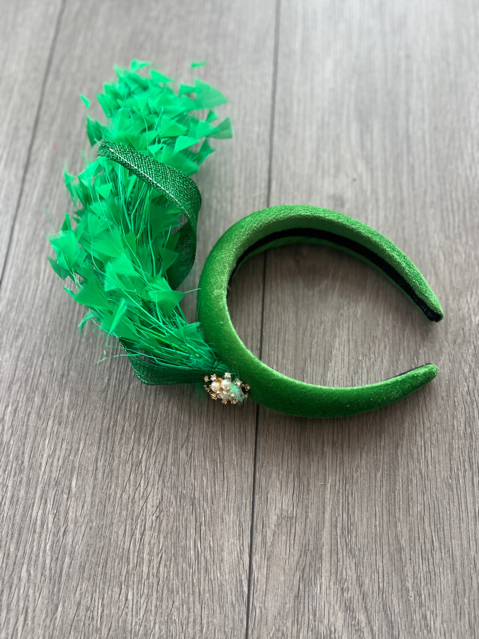 Green Feather Velvet Padded Headband Fascinator With Diamante & Pearl Cluster