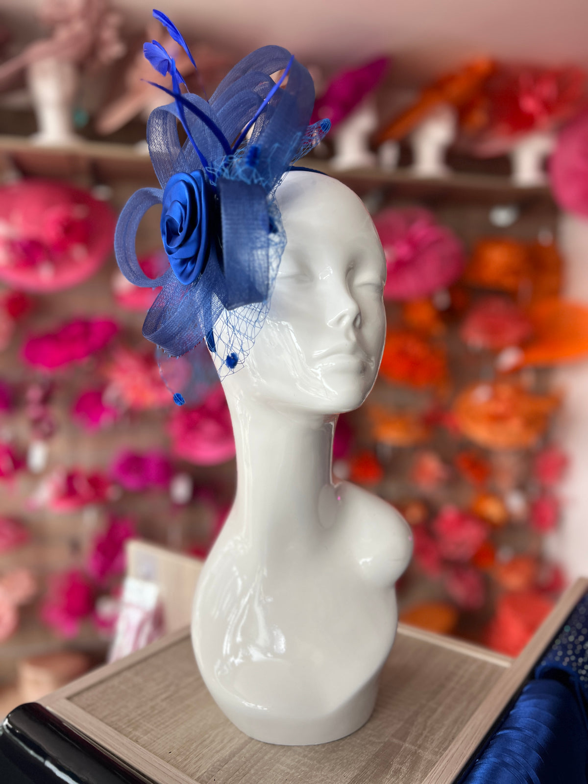 Cobalt Blue Flower Fascinator With Netting &amp; Feathers