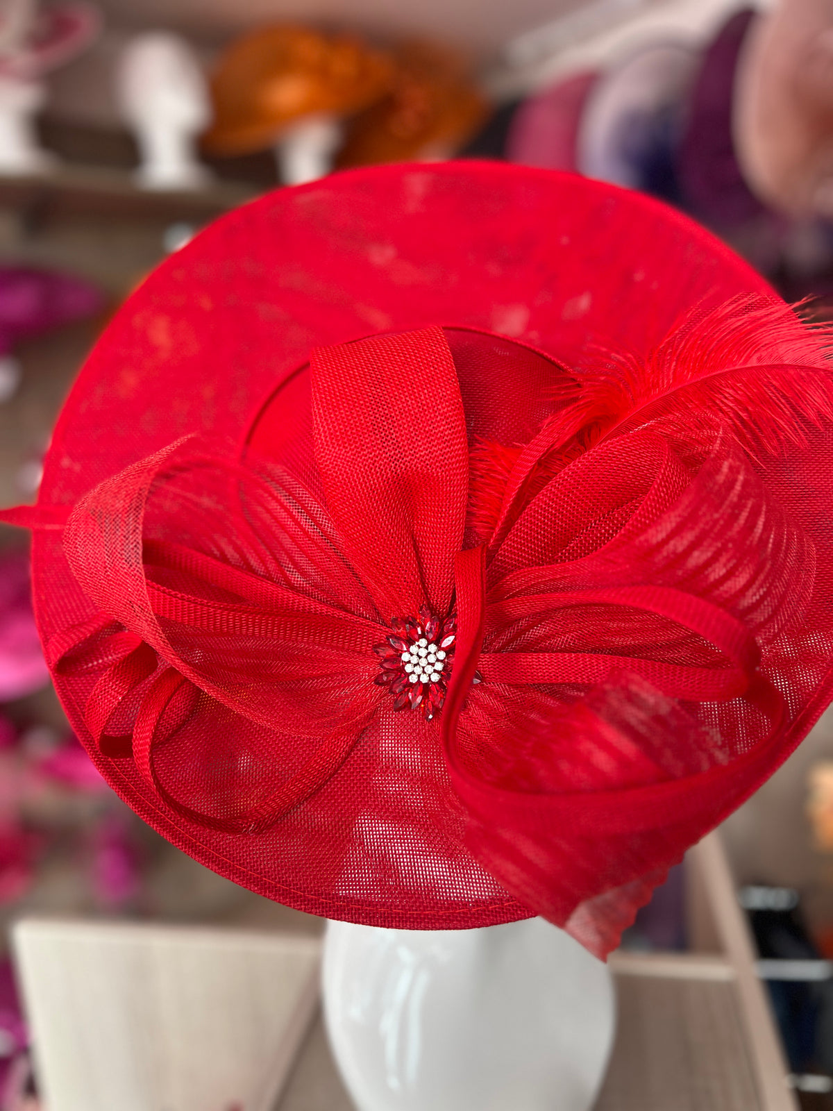 Red Saucer Hatinator With Feather &amp; Loops