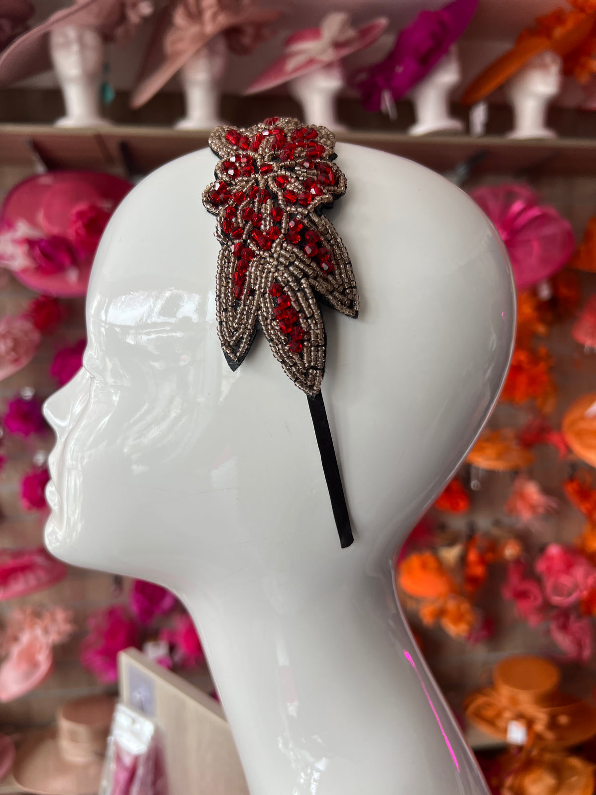 Vintage 1920's Red Leaf &amp; Flower Beaded Headband
