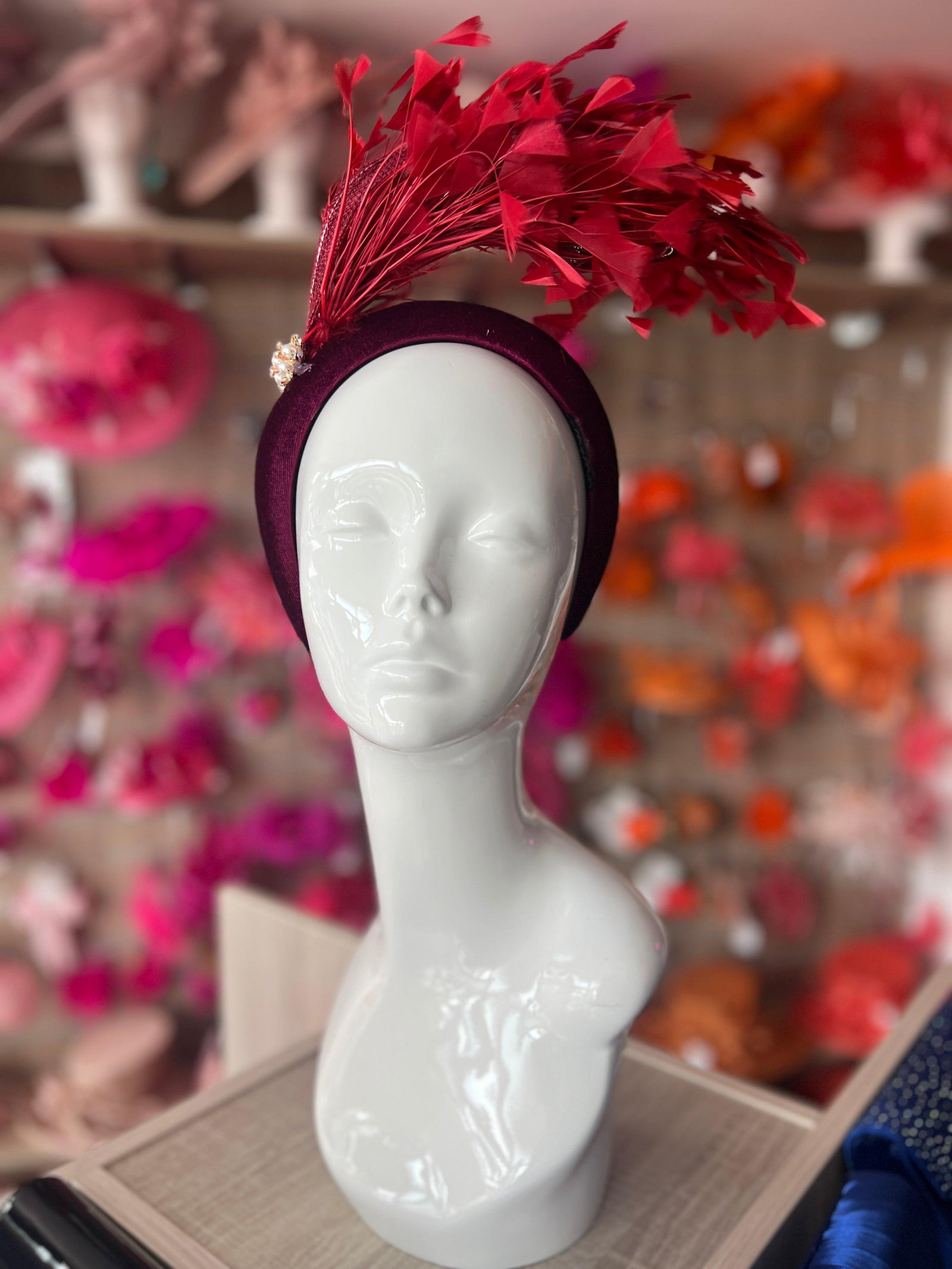Burgundy Feather Velvet Padded Headband Fascinator With Diamante & Pearl Cluster