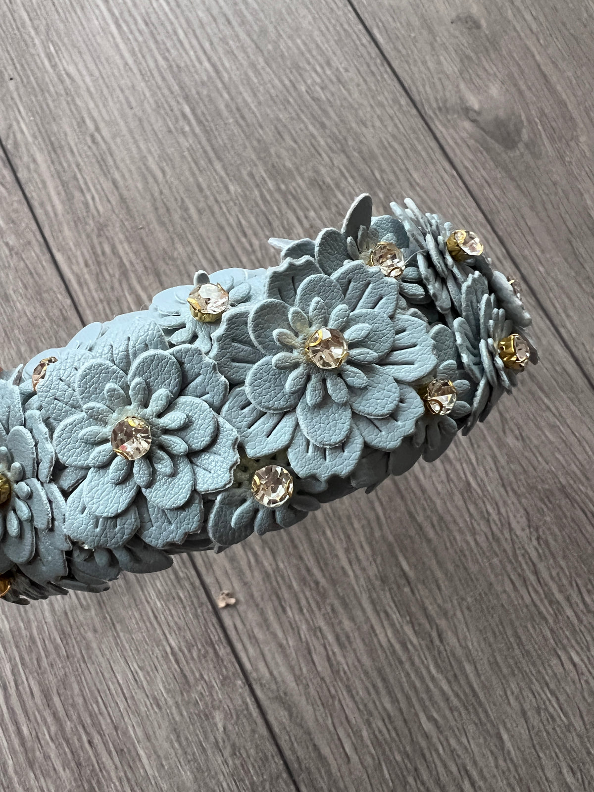 Cornflower Blue Headband With Faux Leather Lazer Cut Flowers &amp; Crystals