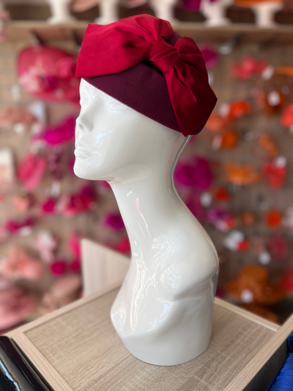 Vintage Burgundy Felt Pillbox Hat Fascinator With Satin Bow