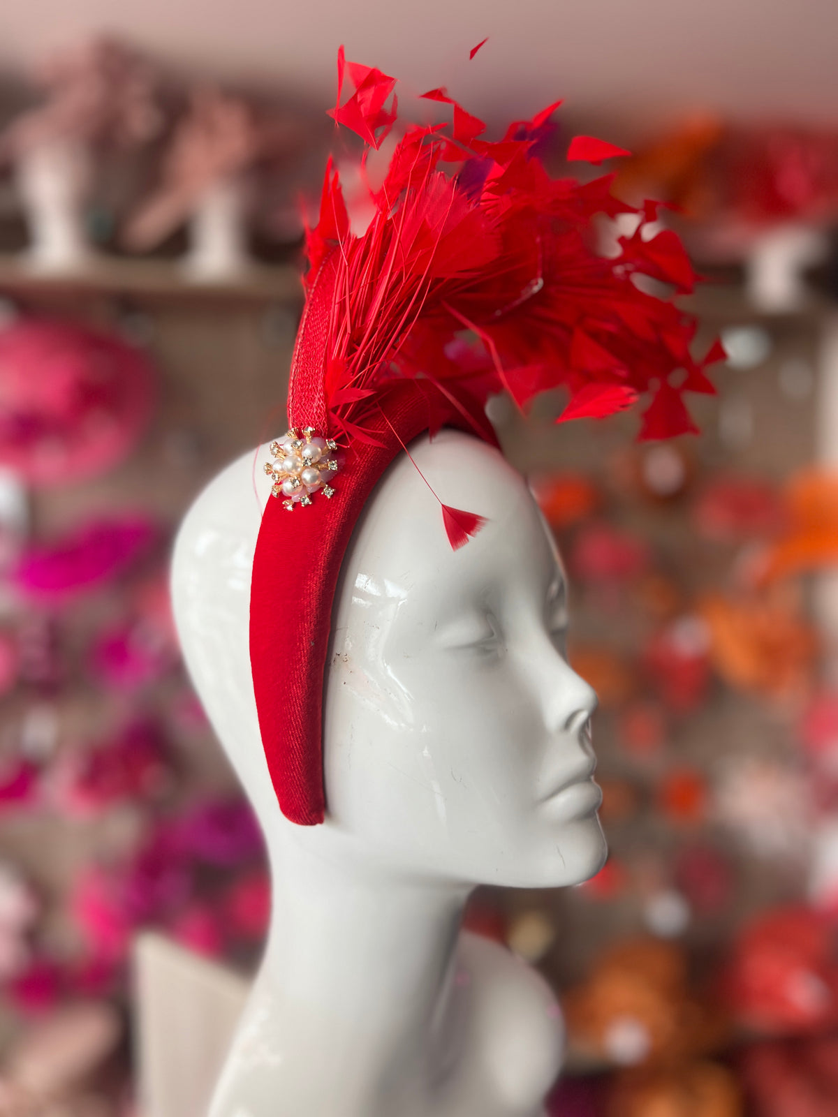 Red Feather Velvet Padded Headband Fascinator With Diamante &amp; Pearl Cluster