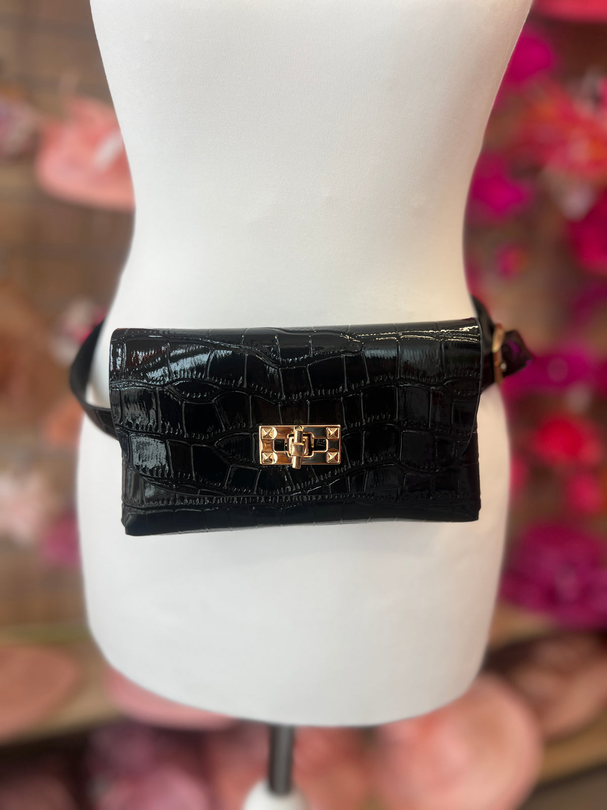 Black Mini Crocodile Embossed Belt Bag