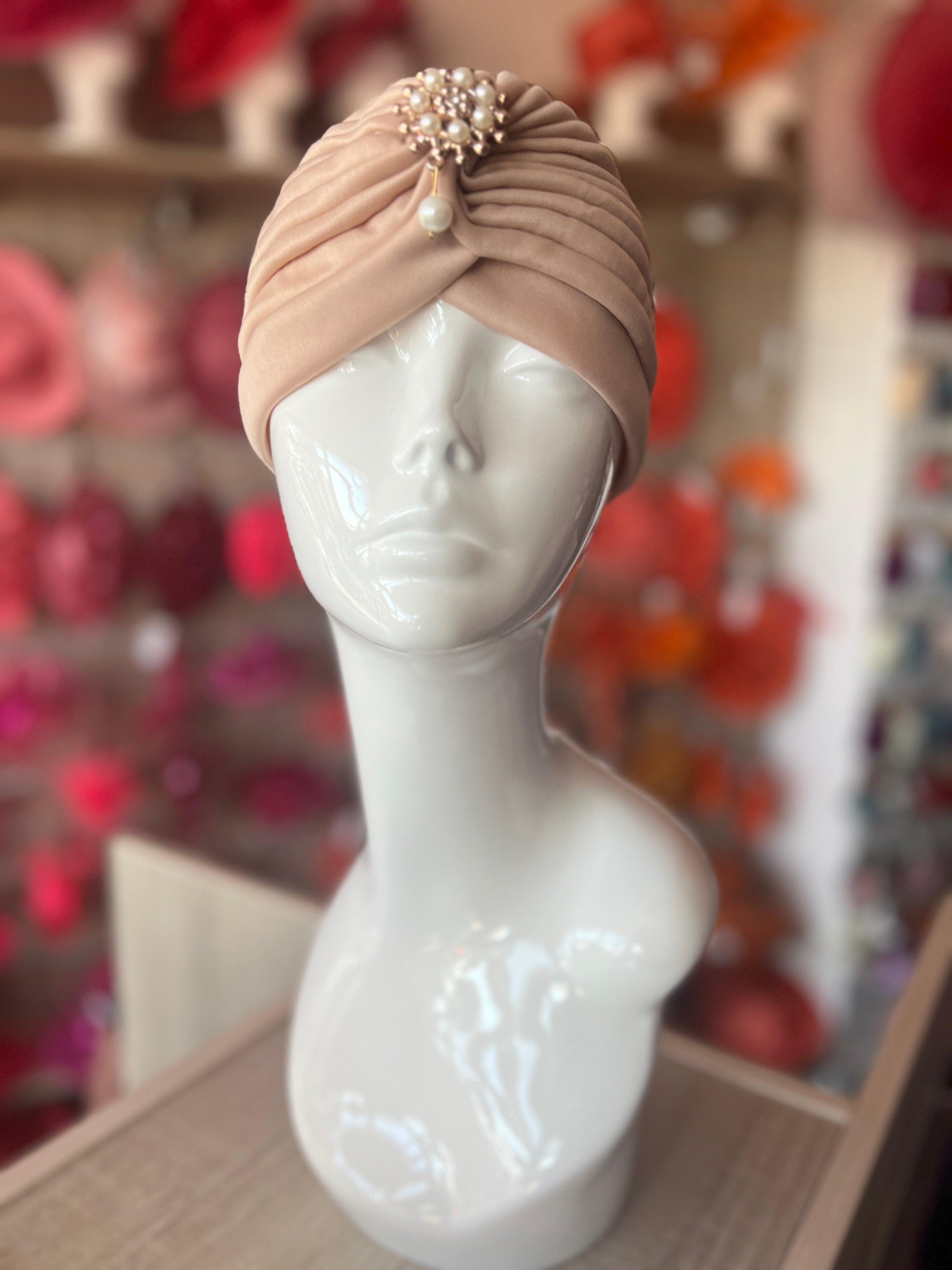 Beige Turban Hat With Diamante & Pearl Embellishment