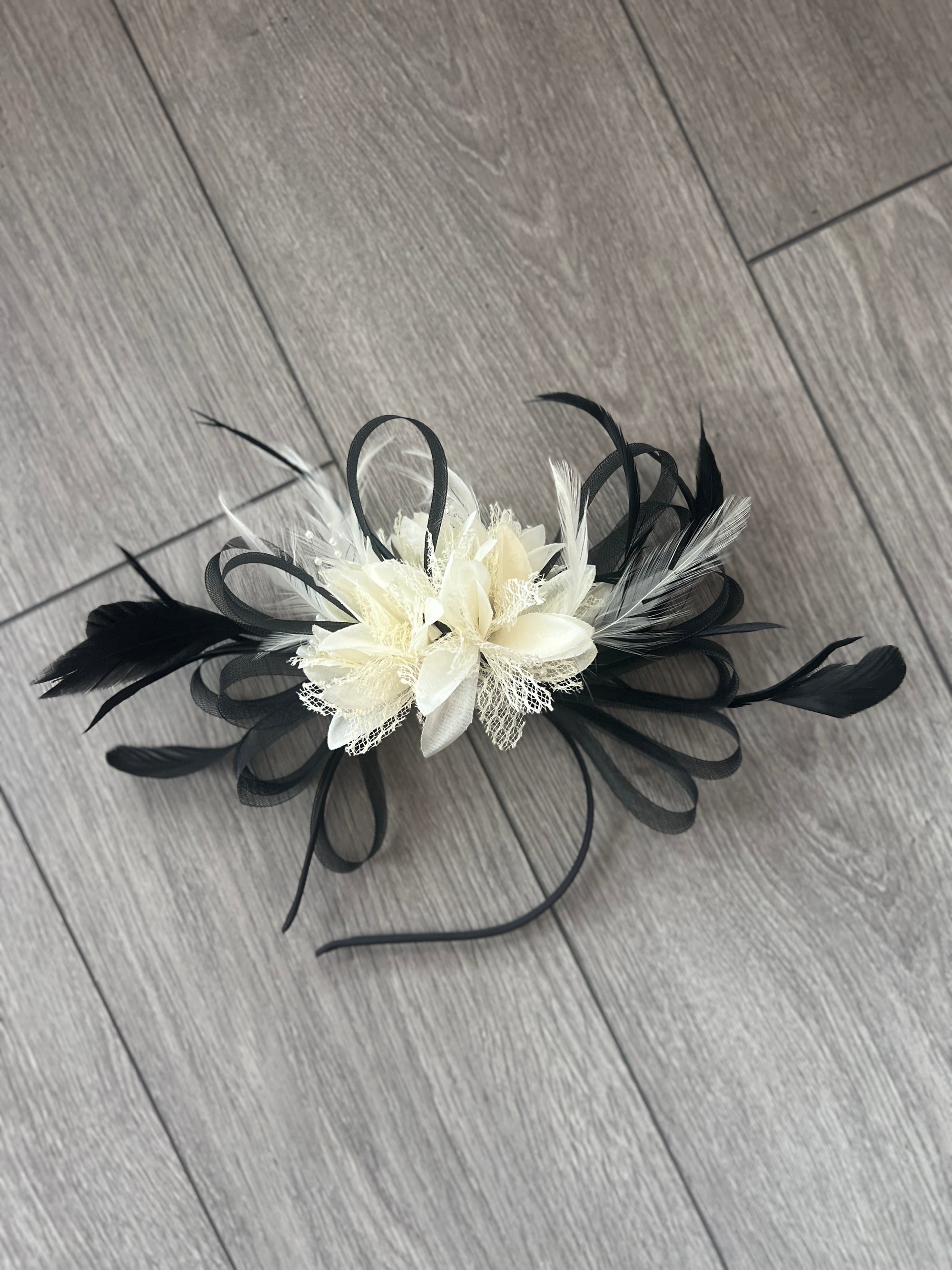 Headband Ivory & Black Fascinator With Flower & Loops