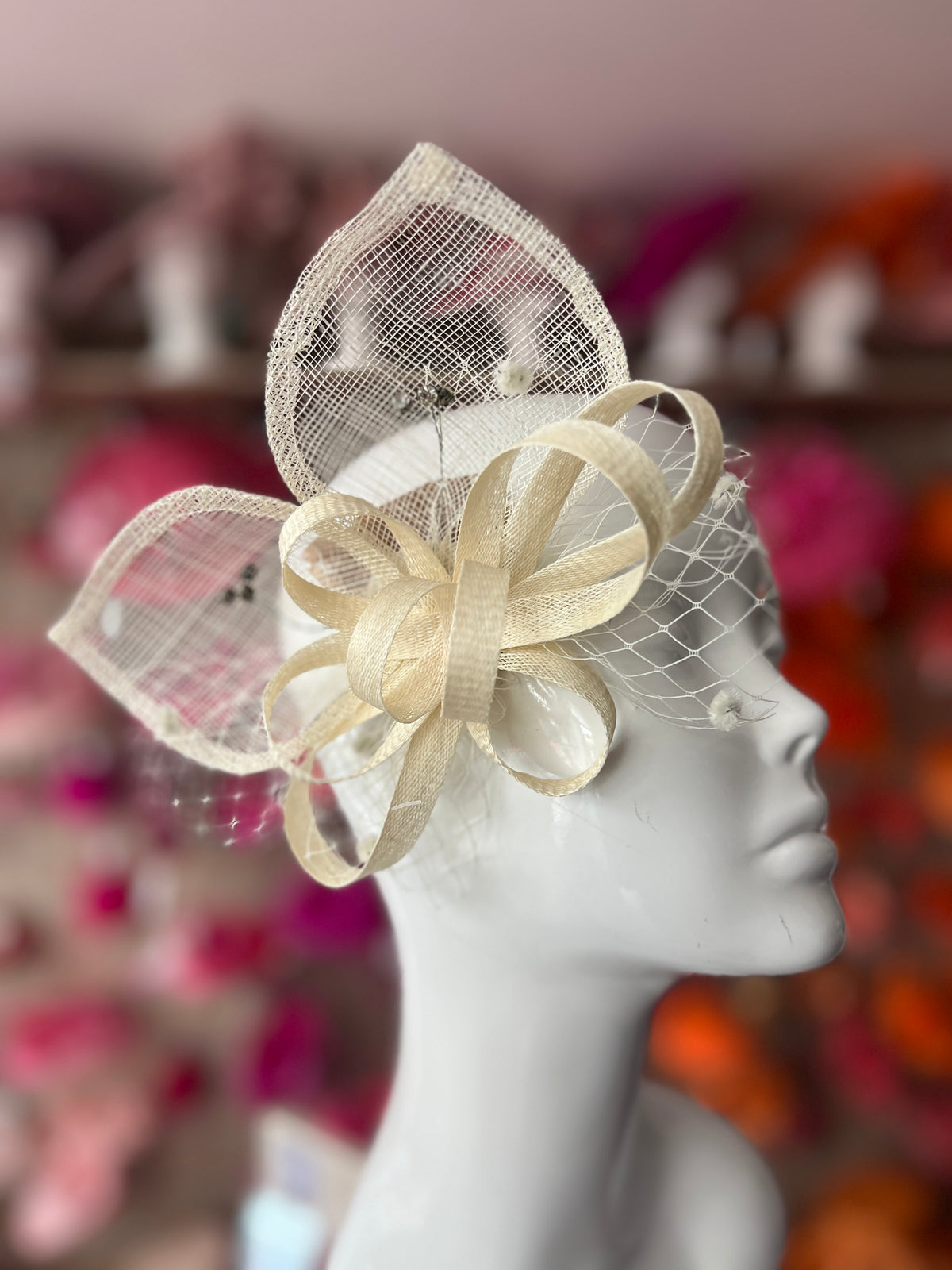 Cream Hair Fascinator With Netting &amp; Diamantes