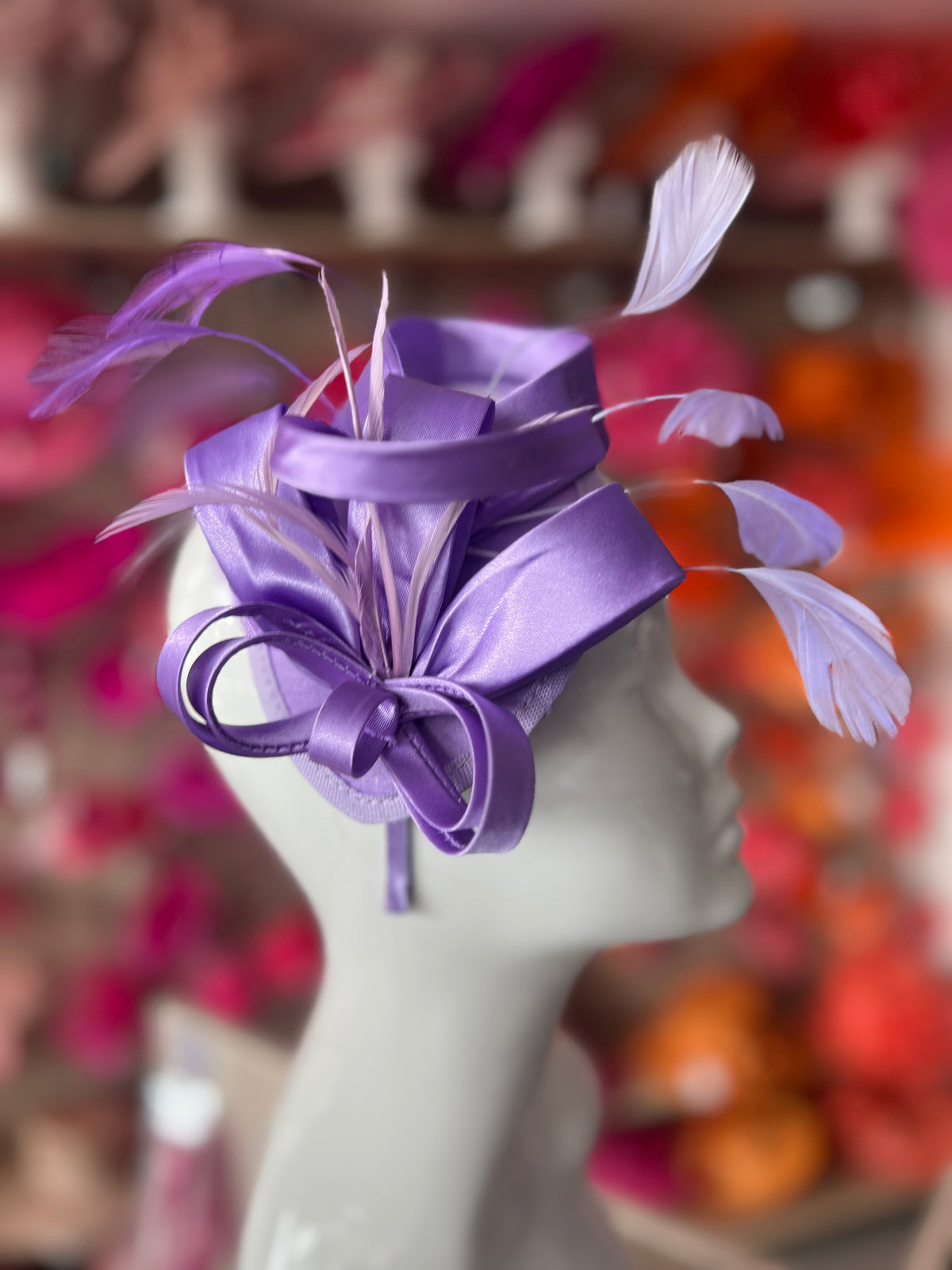 Purple Fascinator Headband With Looped Satin &amp; Feathers