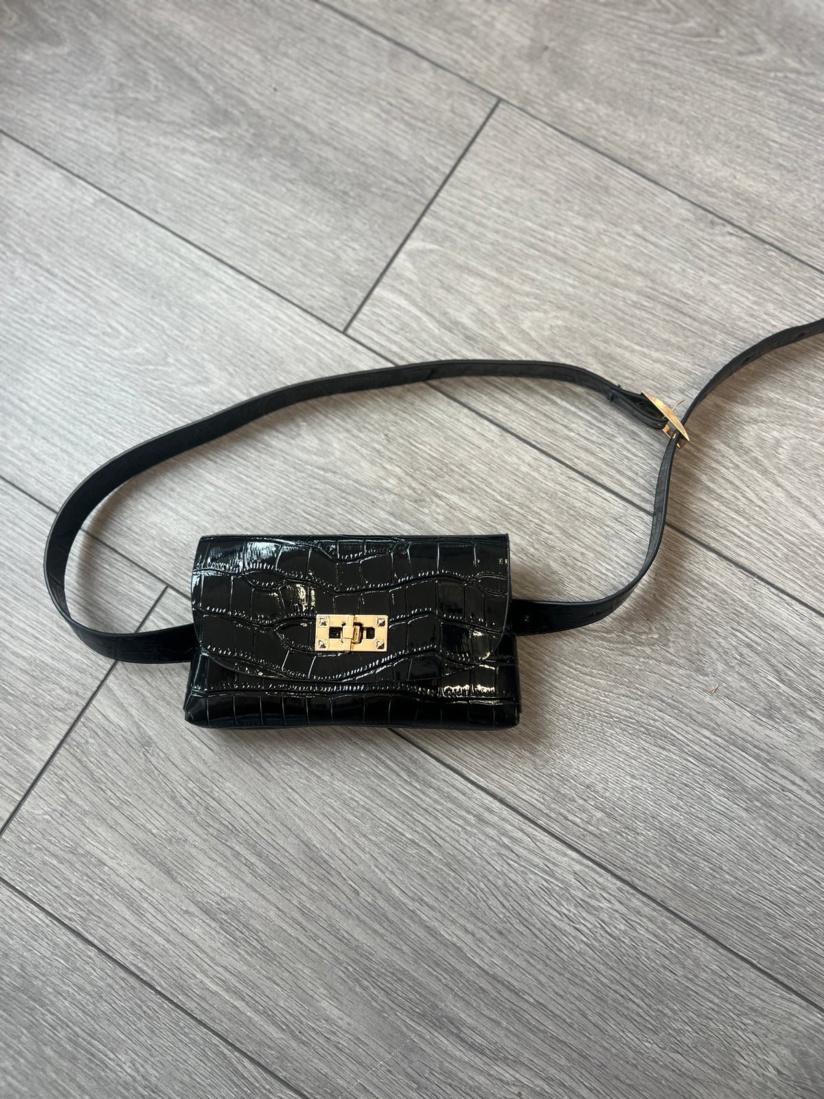 Black Mini Crocodile Embossed Belt Bag