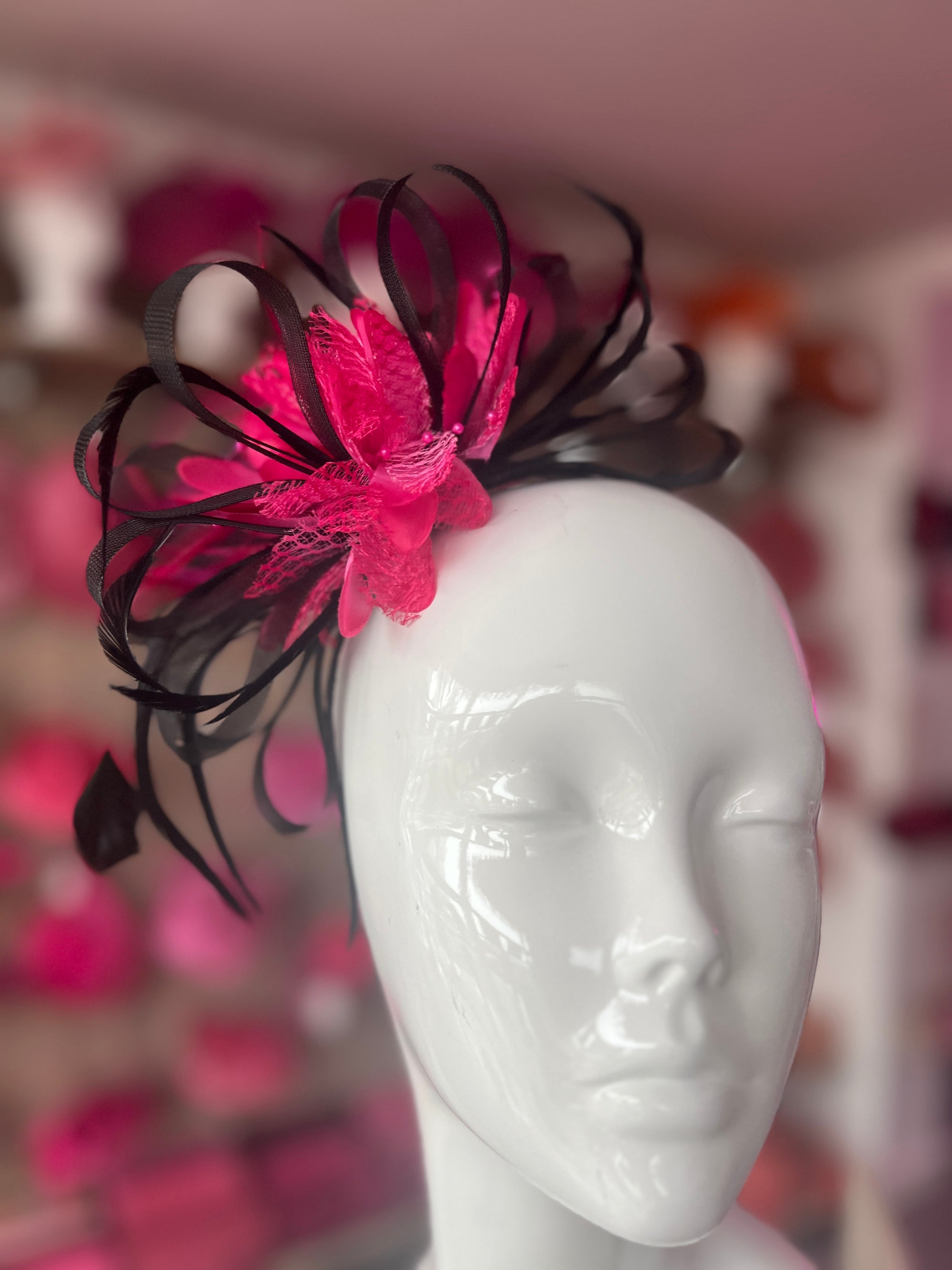 Headband Fuchsia & Black Fascinator With Flower & Loops