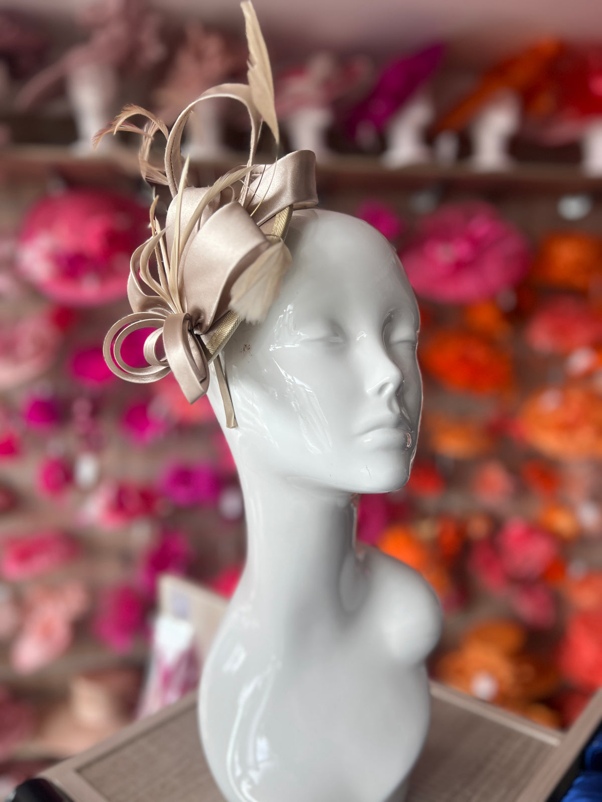 Taupe Fascinator Headband With Looped Satin &amp; Feathers