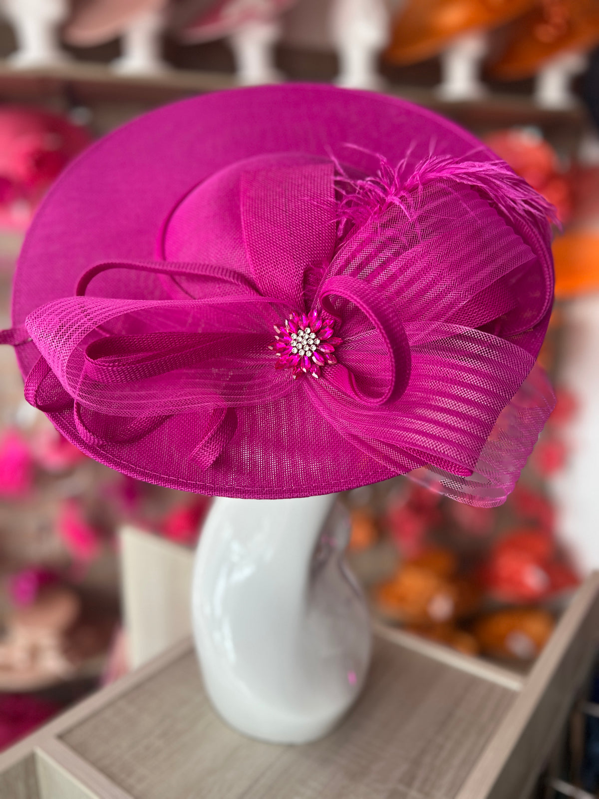 Fuchsia Pink Saucer Hatinator With Feather &amp; Loops