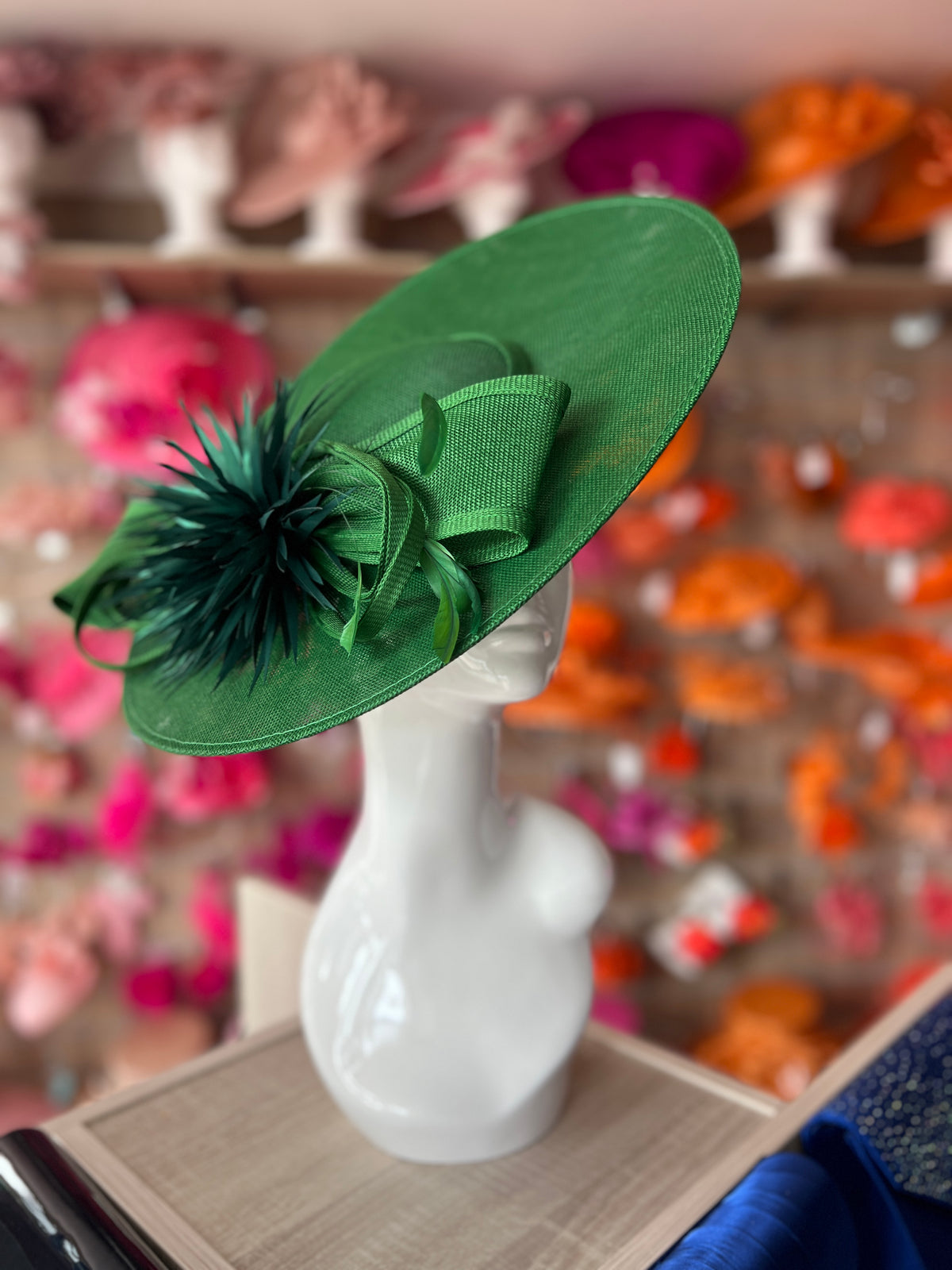 Emerald Green Saucer Hatinator With Feather Flower &amp; Loops