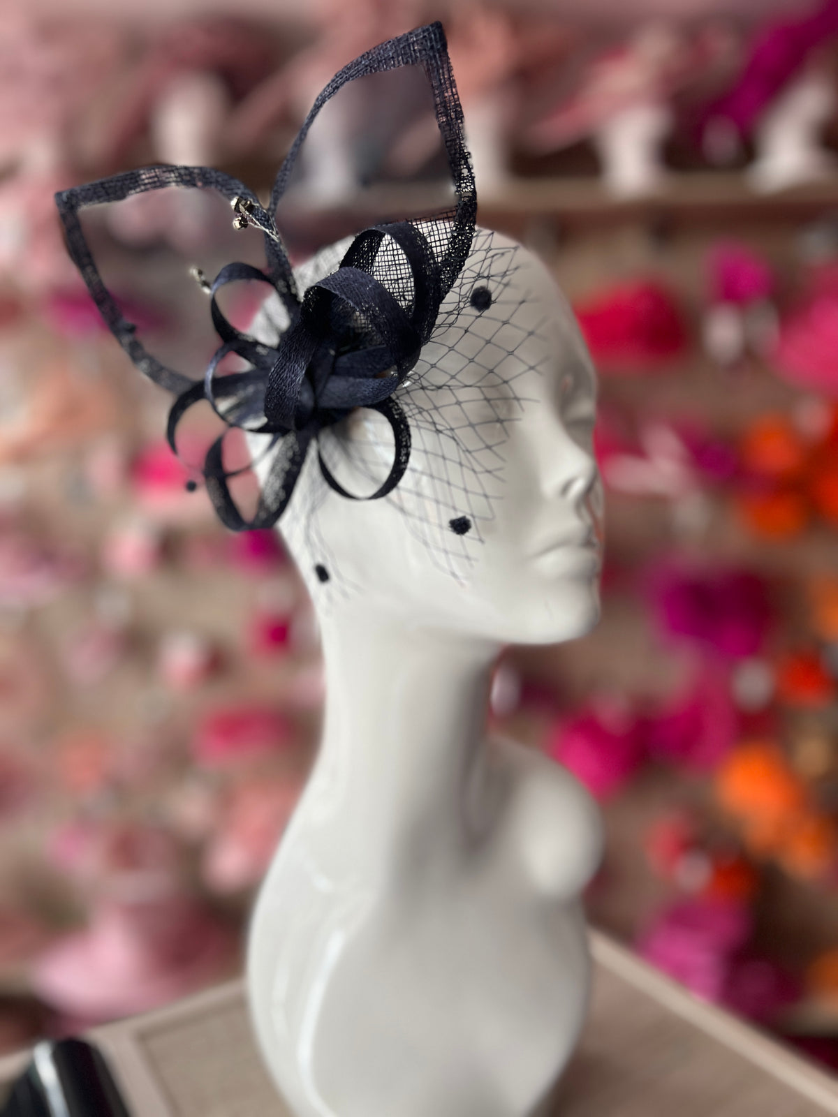 Navy Hair Fascinator With Netting &amp; Diamantes
