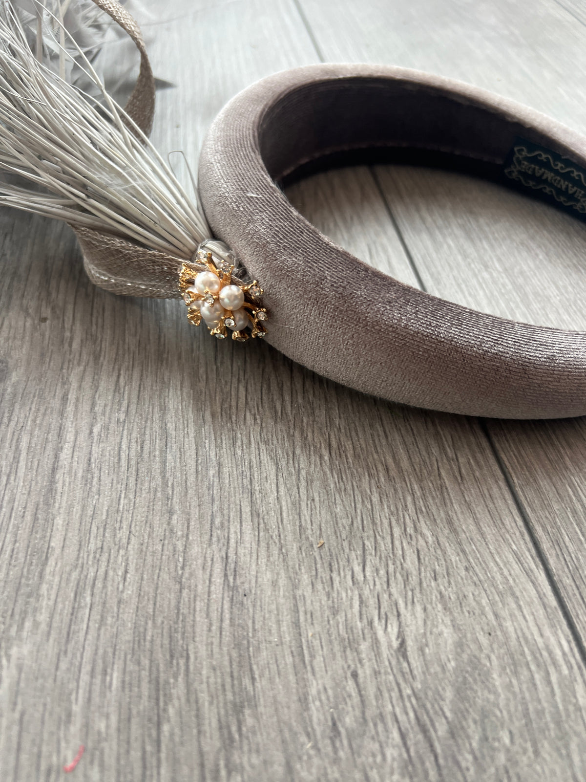 Grey Feather Velvet Padded Headband Fascinator With Diamante &amp; Pearl Cluster