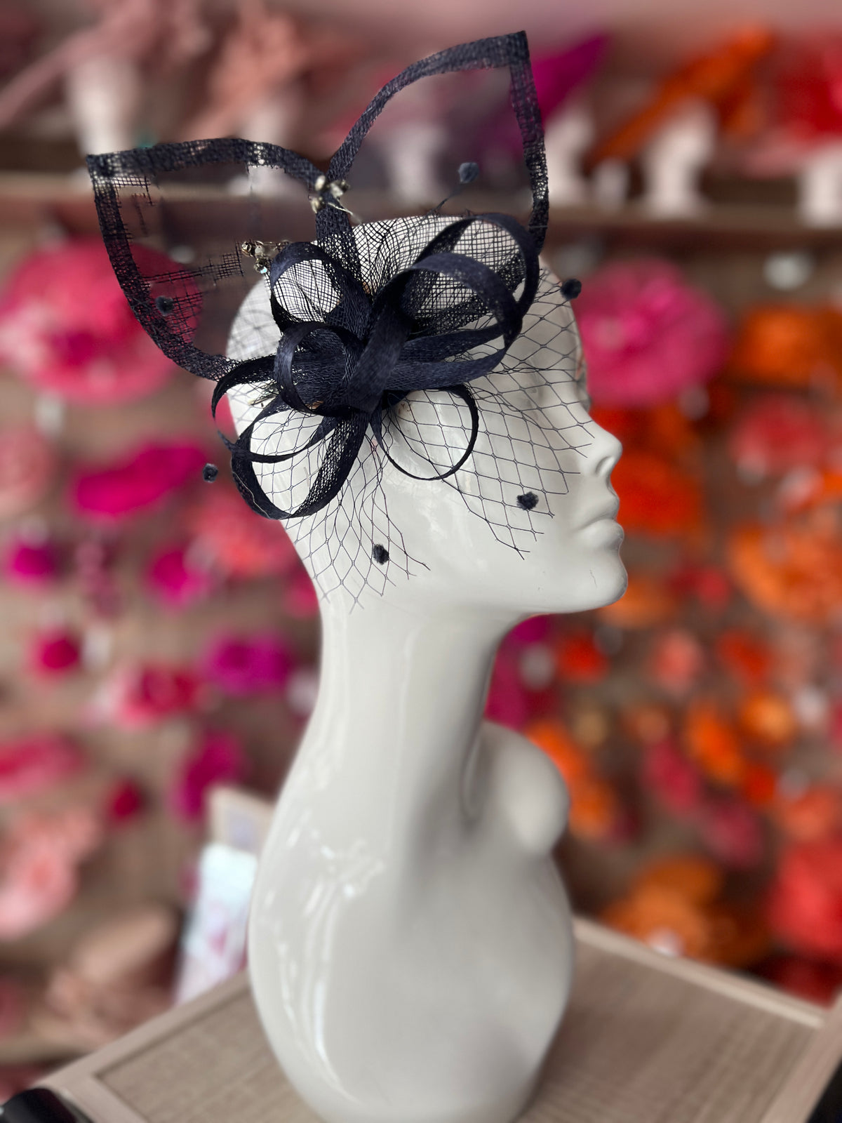 Navy Hair Fascinator With Netting &amp; Diamantes