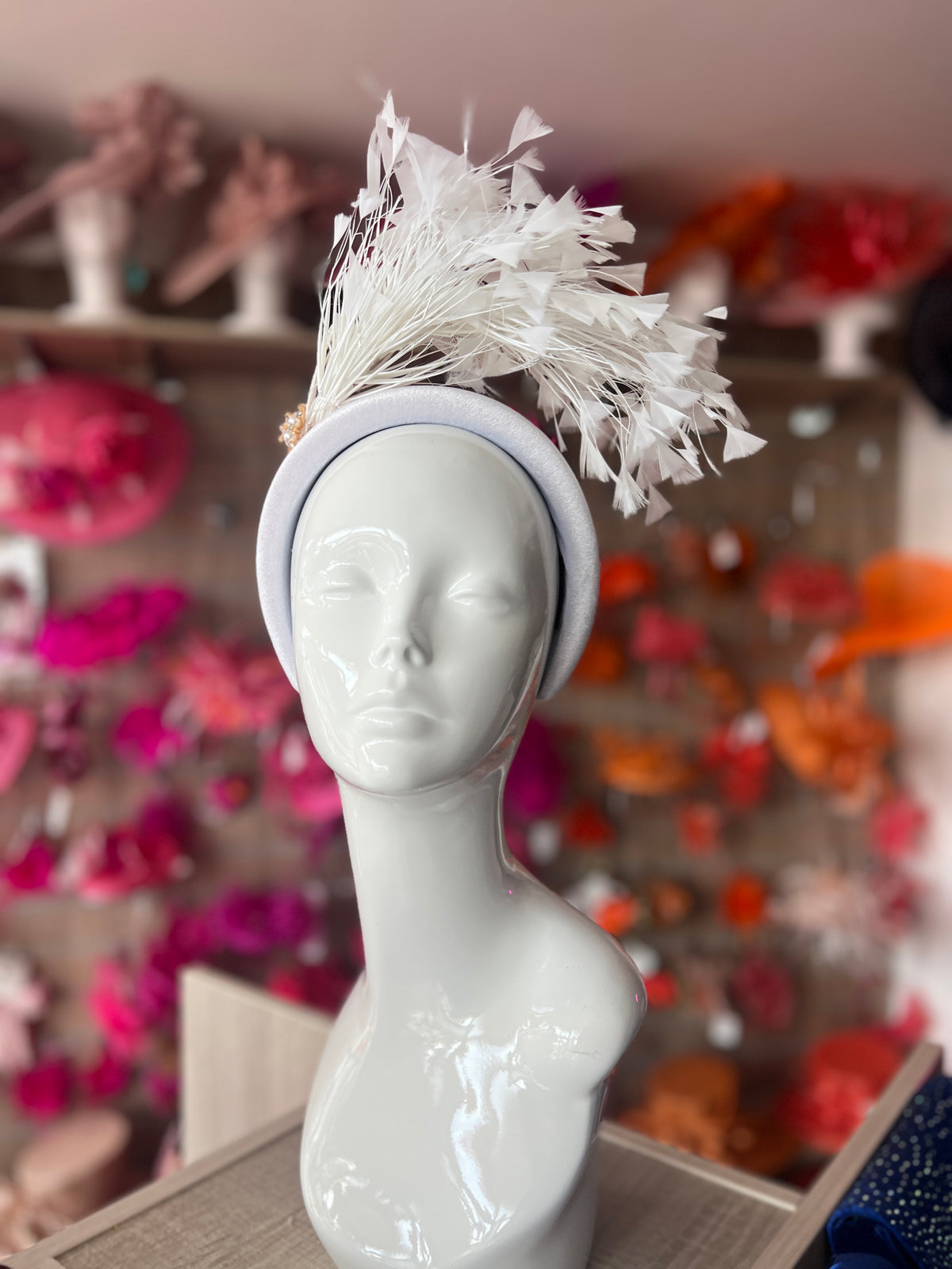 White Feather Velvet Padded Headband Fascinator With Diamante &amp; Pearl Cluster