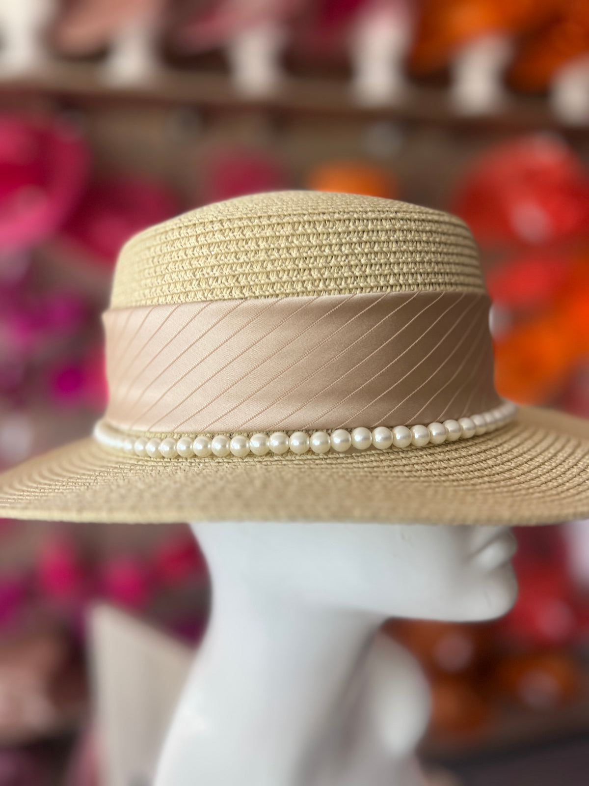 Beige Straw Hat With Pearl &amp; Ribbon Detail