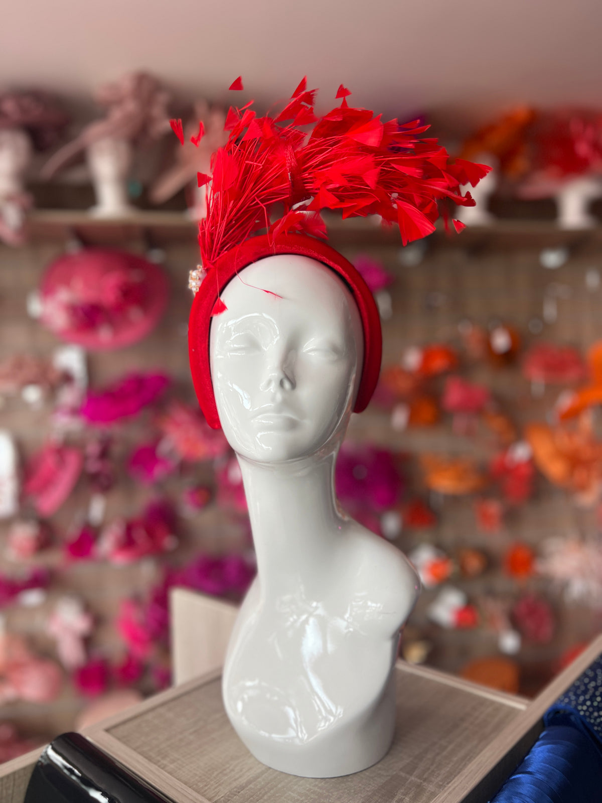 Red Feather Velvet Padded Headband Fascinator With Diamante &amp; Pearl Cluster
