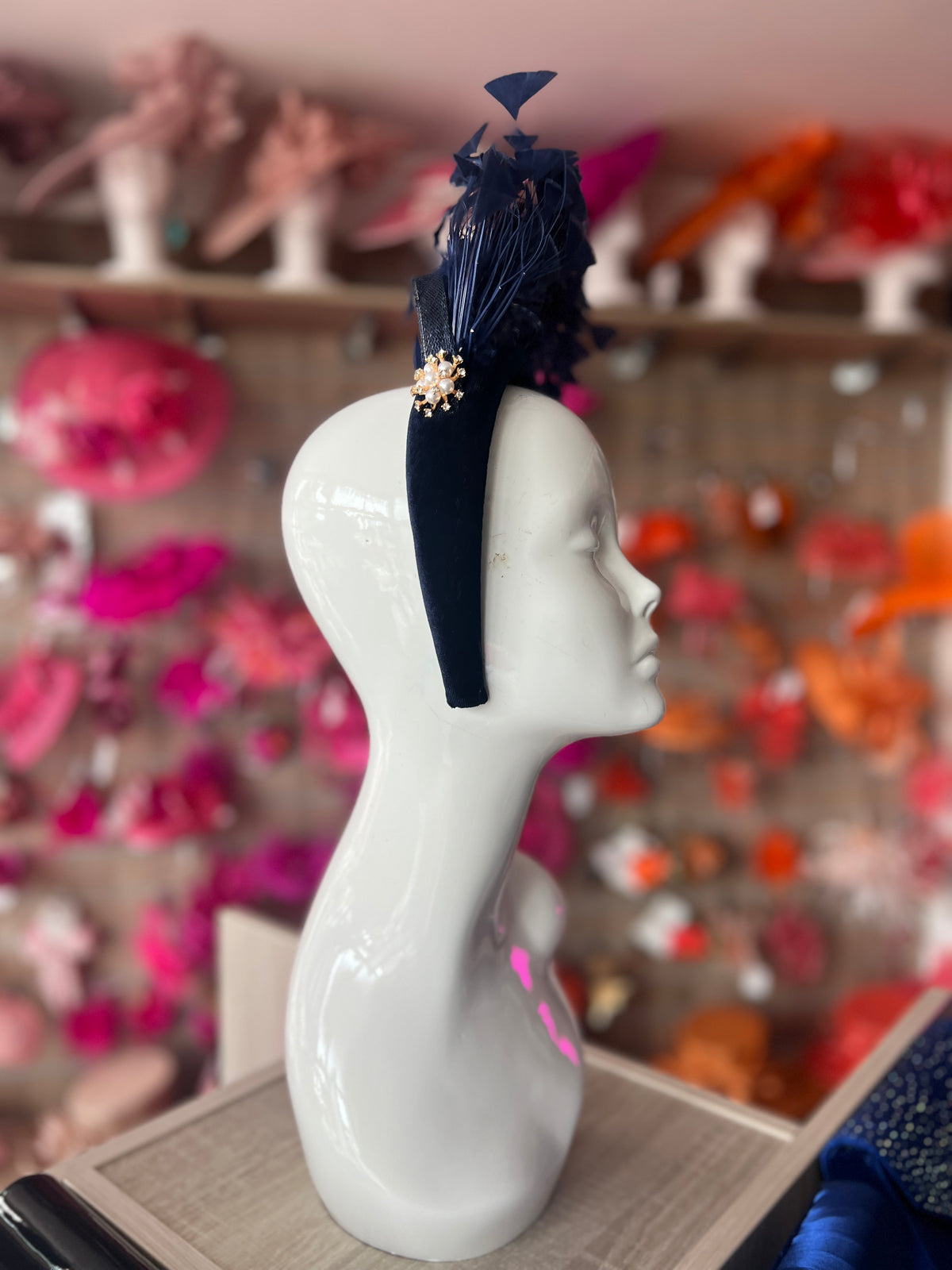 Navy Feather Velvet Padded Headband Fascinator With Diamante &amp; Pearl Cluster