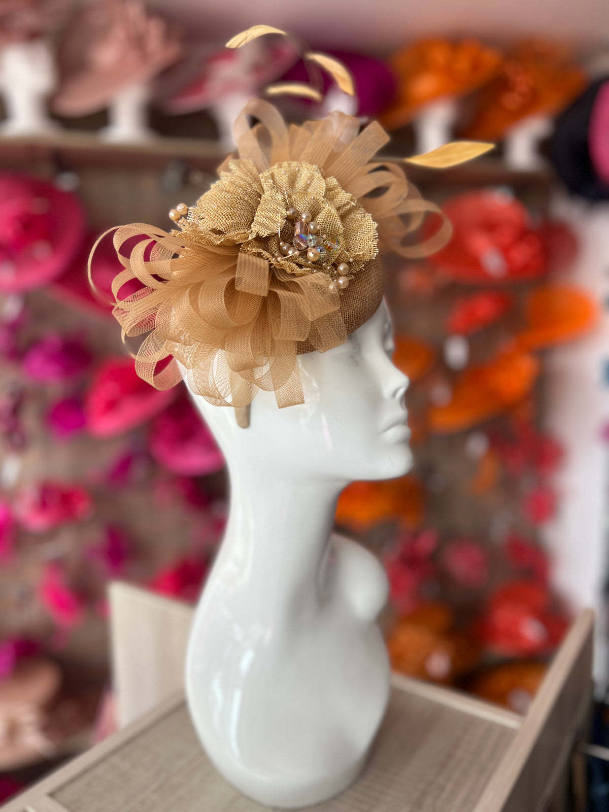 Pillbox Hat With Loops and  Embellished Flowers-Gold