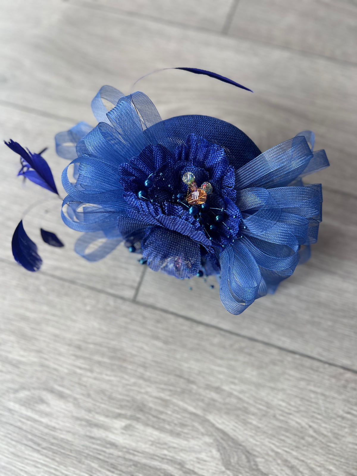 Pillbox Hat With Loops and  Embellished Flowers- Royal Blue