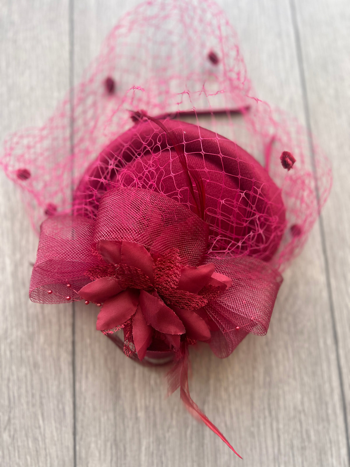 Burgundy Pillbox Hat Fascinator With Flower &amp; Veil
