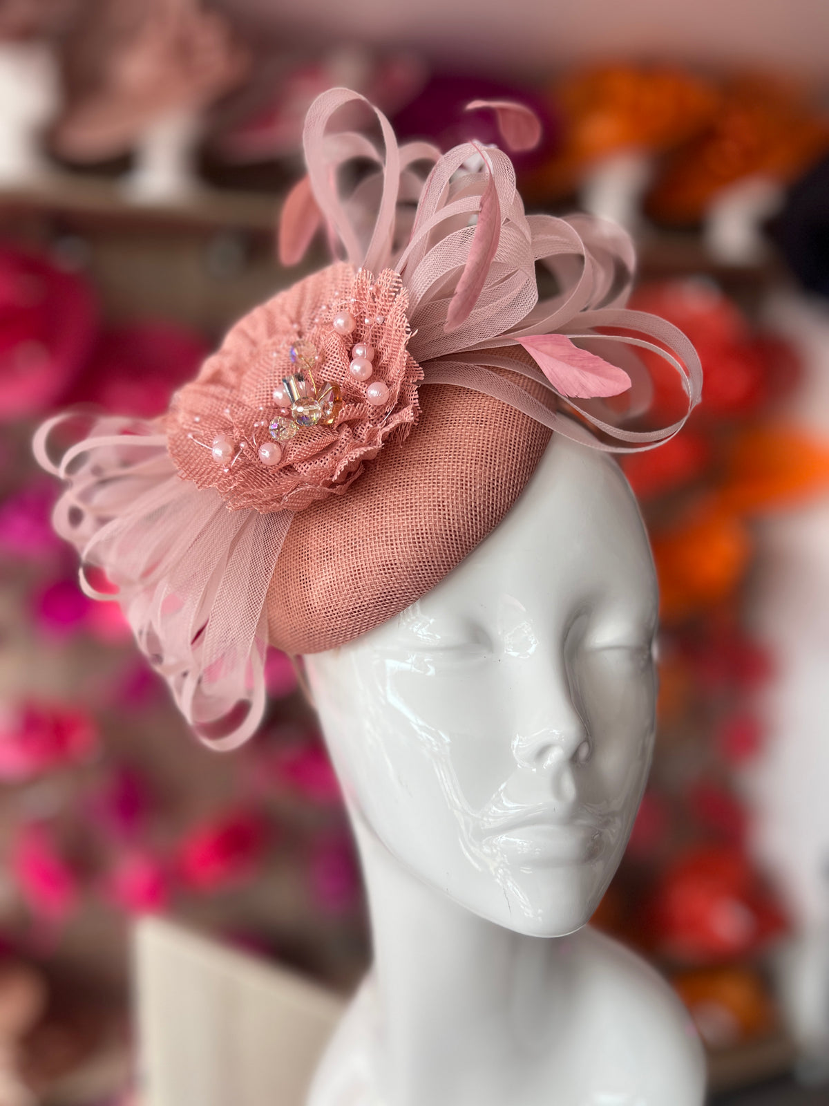 Pillbox Hat With Loops and  Embellished Flowers-Dusty Pink
