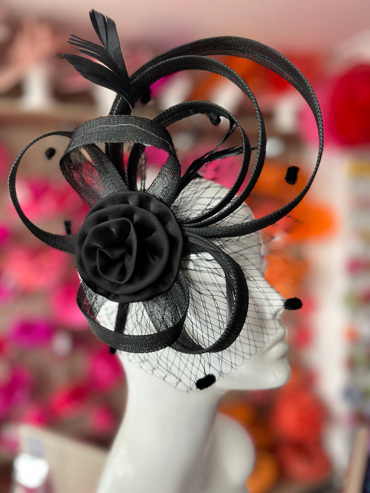 Black Flower Fascinator With Netting &amp; Feathers