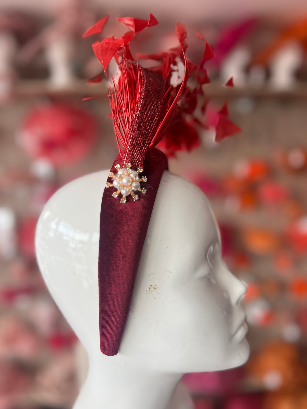 Burgundy Feather Velvet Padded Headband Fascinator With Diamante &amp; Pearl Cluster