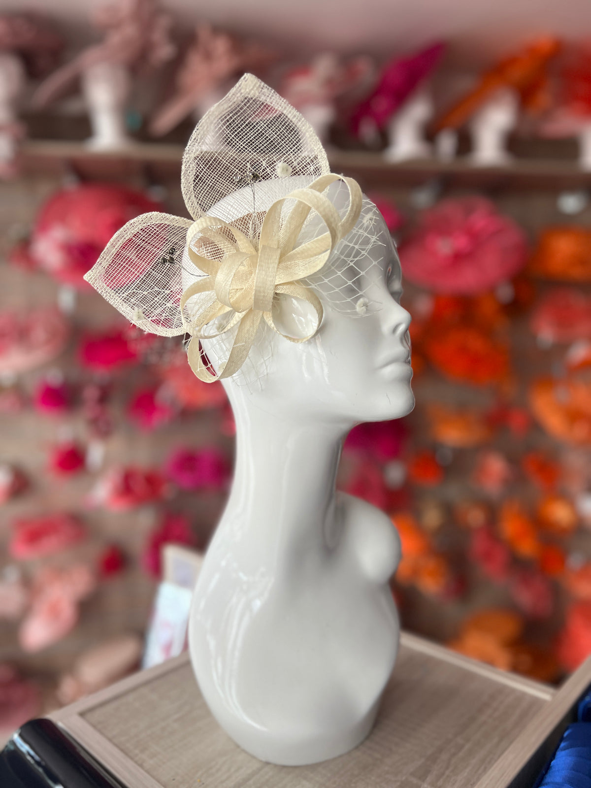 Cream Hair Fascinator With Netting &amp; Diamantes