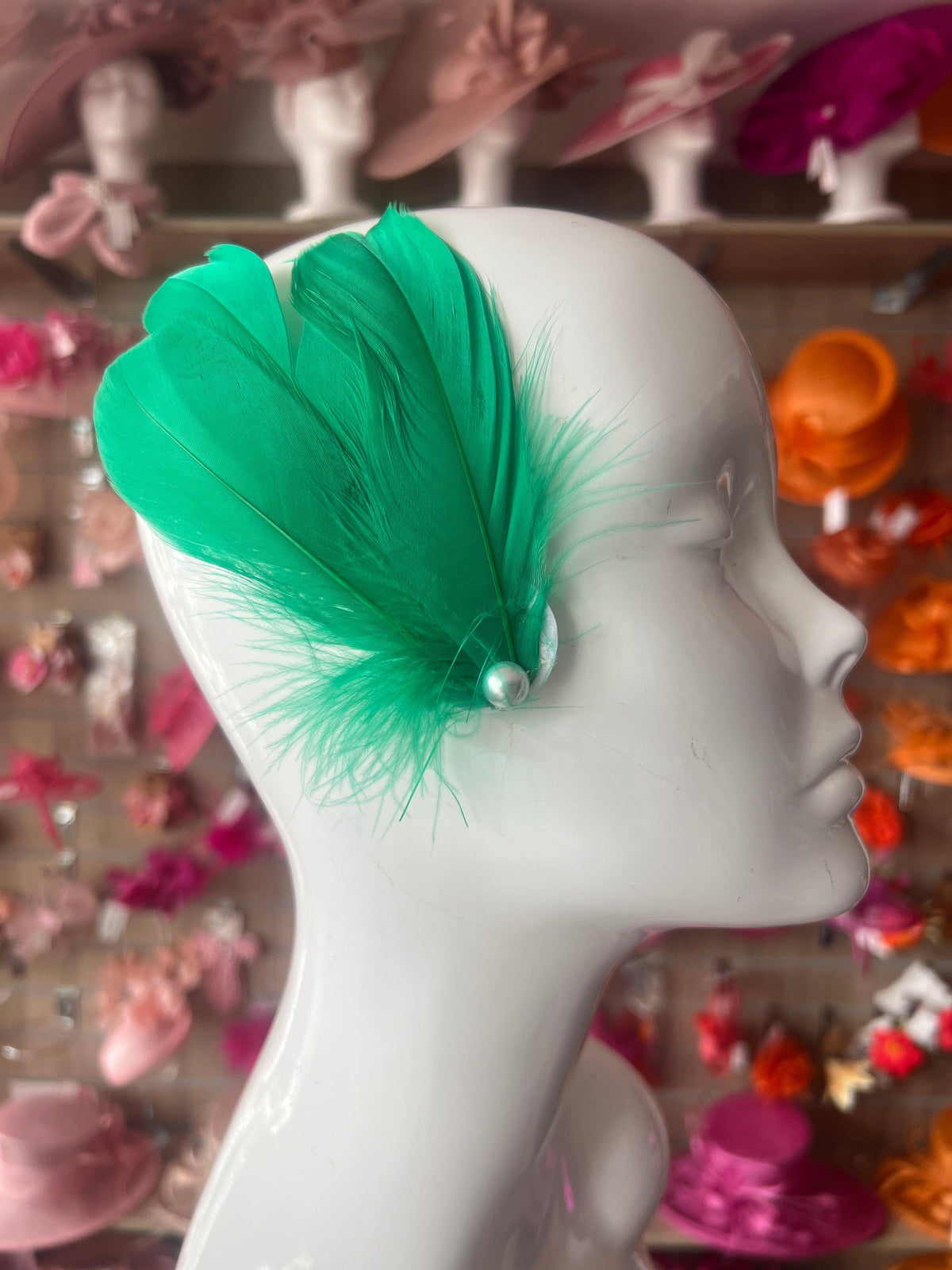 Jade Fascinator Hair Clip With Feathers &amp; Pearl