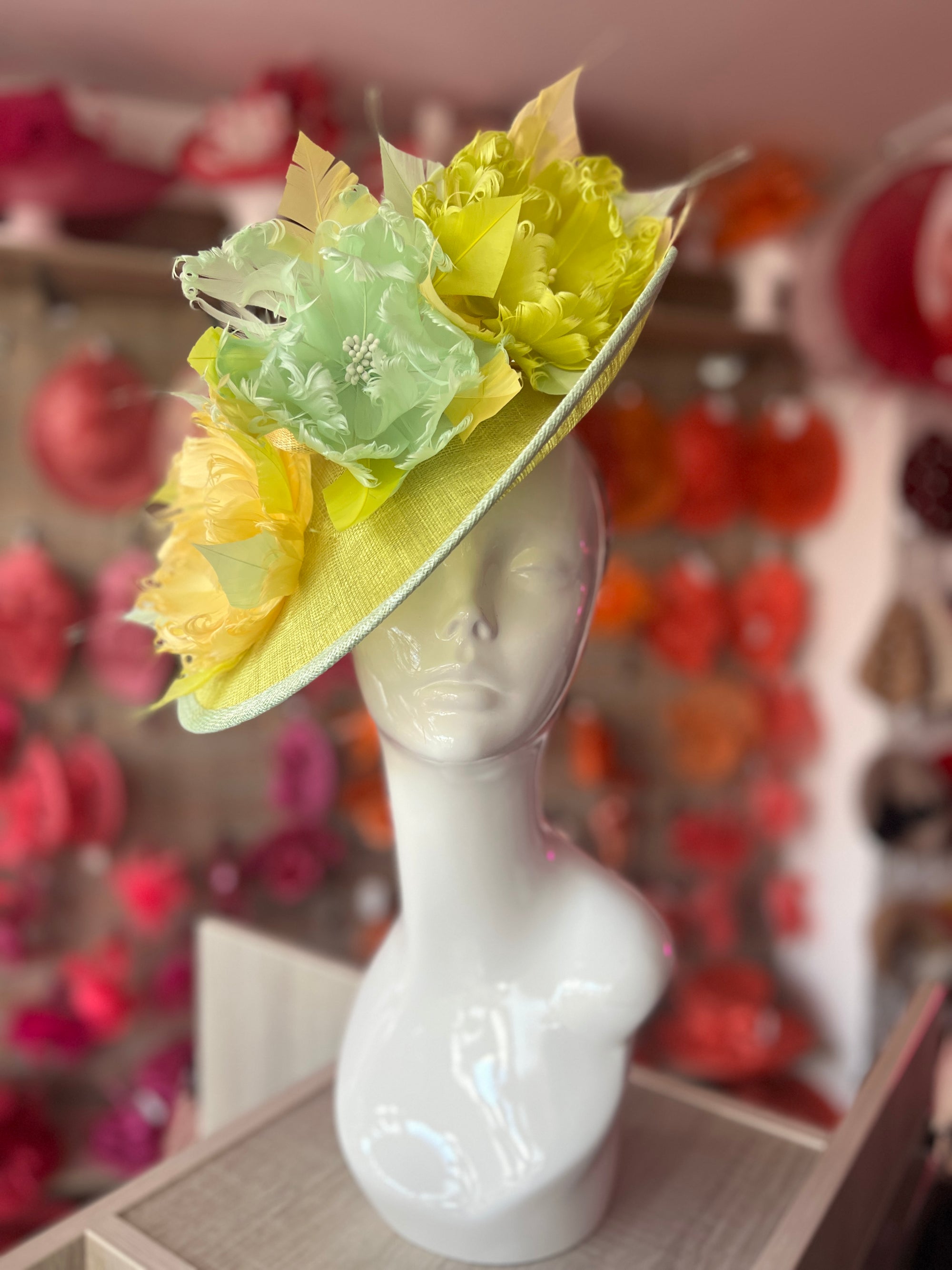 Sinamay Hatinator With Soft Flowers- LIme/Aqua/Lemon