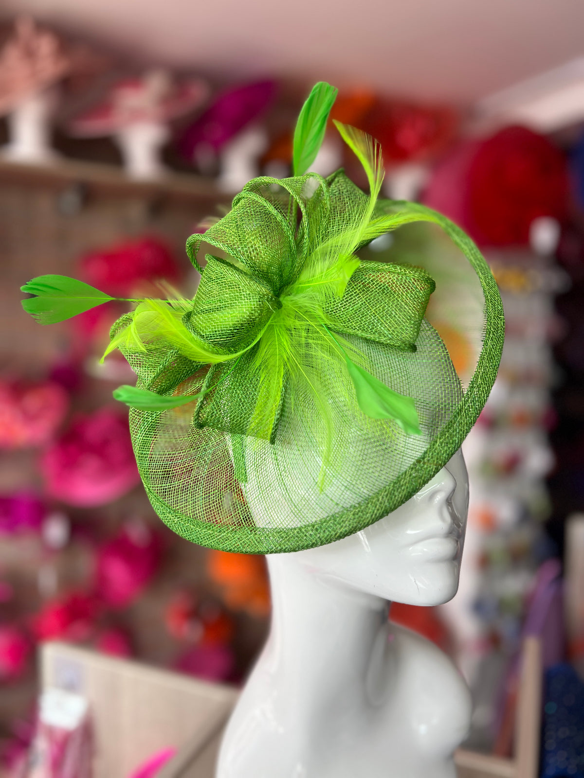 SPRING GREEN FASCINATOR WITH RUCHED SINAMAY &amp; LOOPS