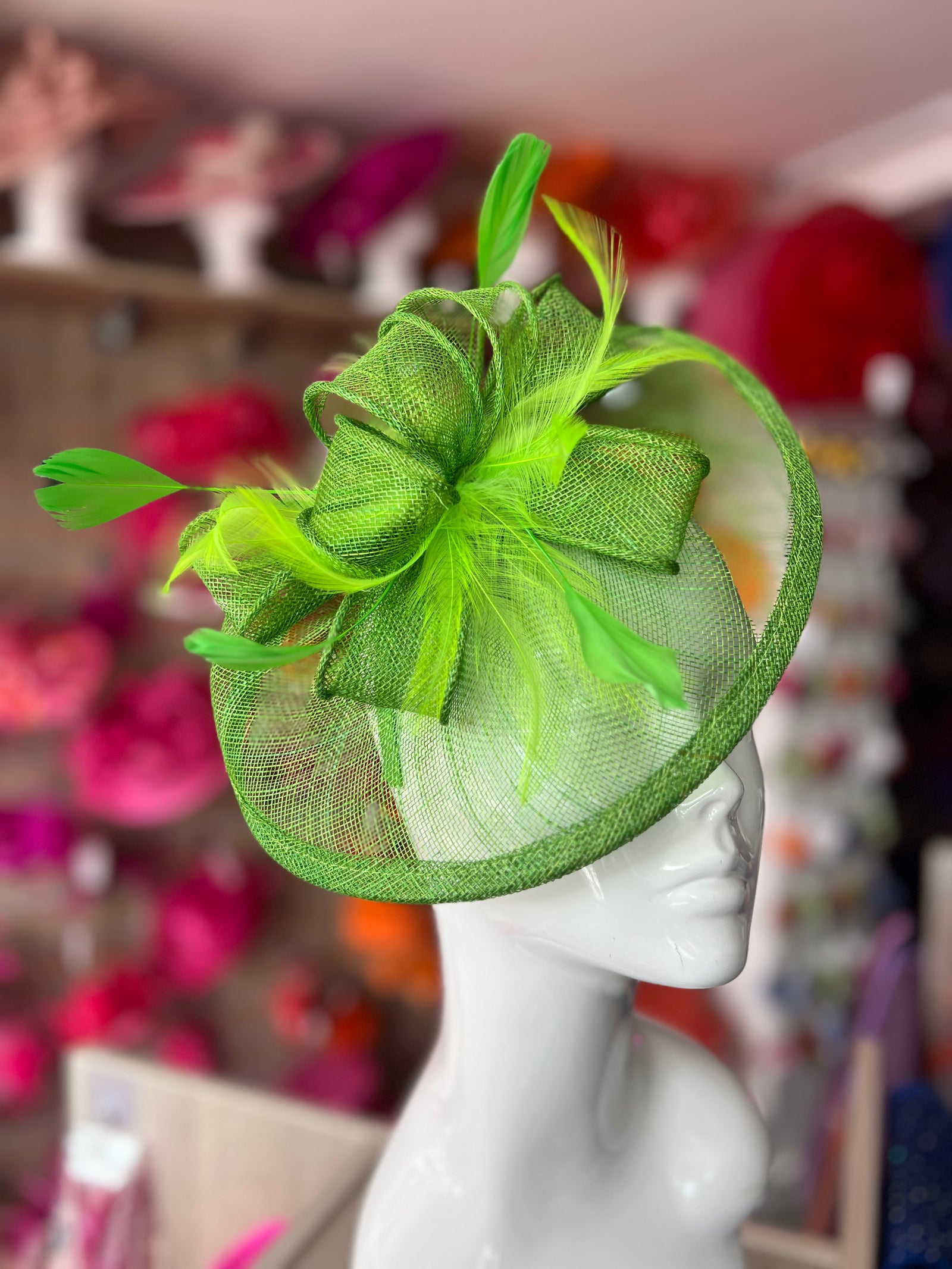 SPRING GREEN FASCINATOR WITH RUCHED SINAMAY & LOOPS