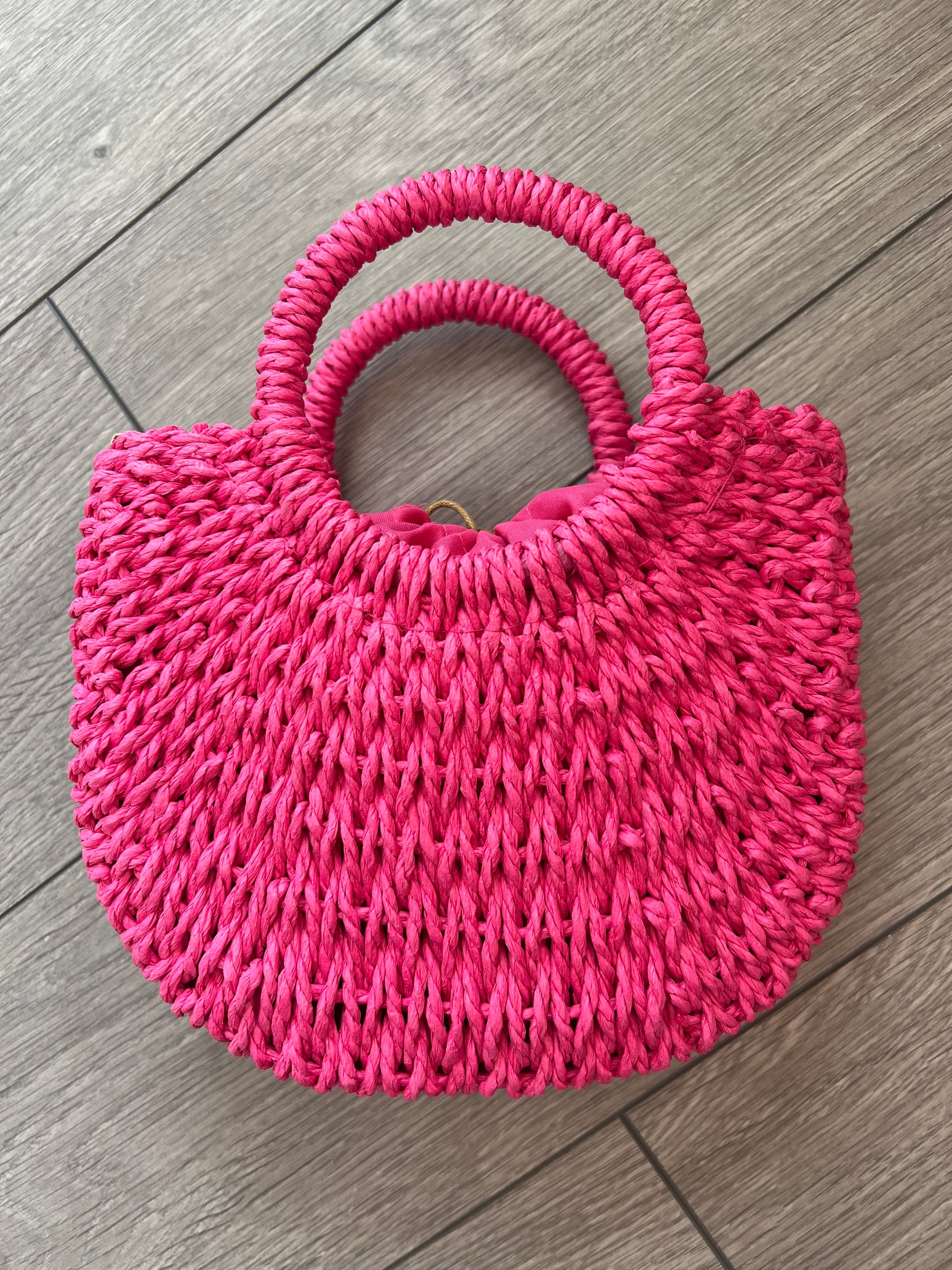 Fuchsia Small Rattan Straw Basket Handbag