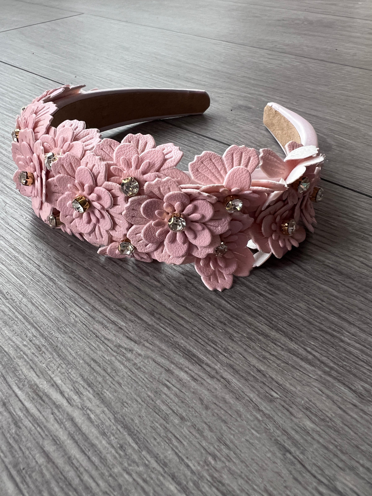 Blush Pink Headband With Faux Leather Lazer Cut Flowers &amp; Crystals