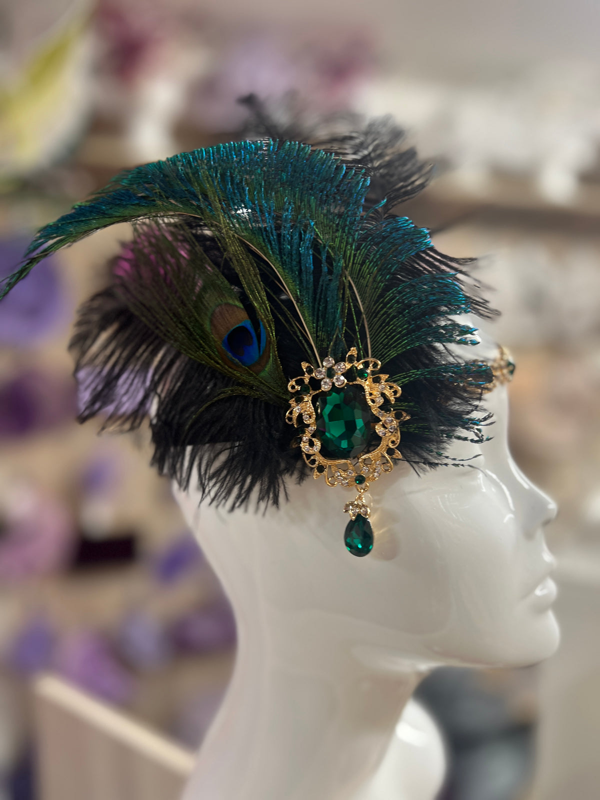 Vintage Jewelled Peacock Feather Fascinator Hat-Green