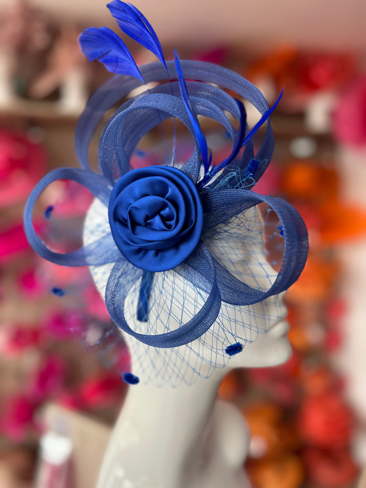 Cobalt Blue Flower Fascinator With Netting &amp; Feathers